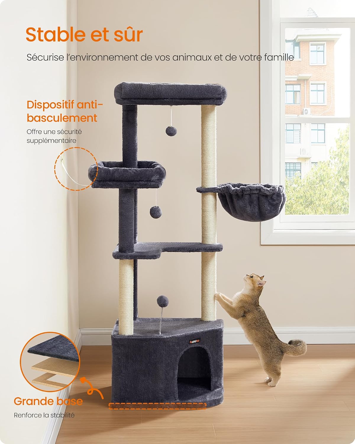 Detalle de Feandrea Arbre à Chat PCT009G02 – Tour de Jeux 140,7 cm pour grands chats et foyers multi-chat