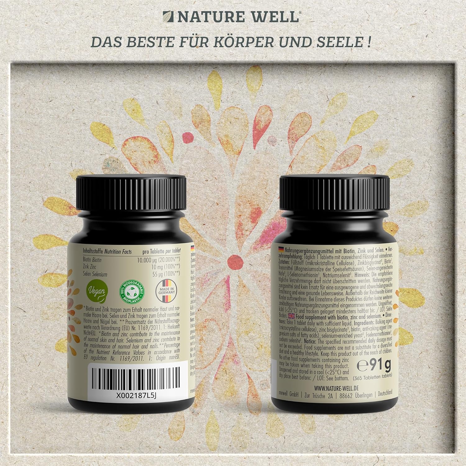 Detalle de Biotin Hochdosiert 10.000 µg Komplex mit Zink & Selen – 365 Tabletten, vegan, laborgeprüft, 1-Jahres-Vorrat