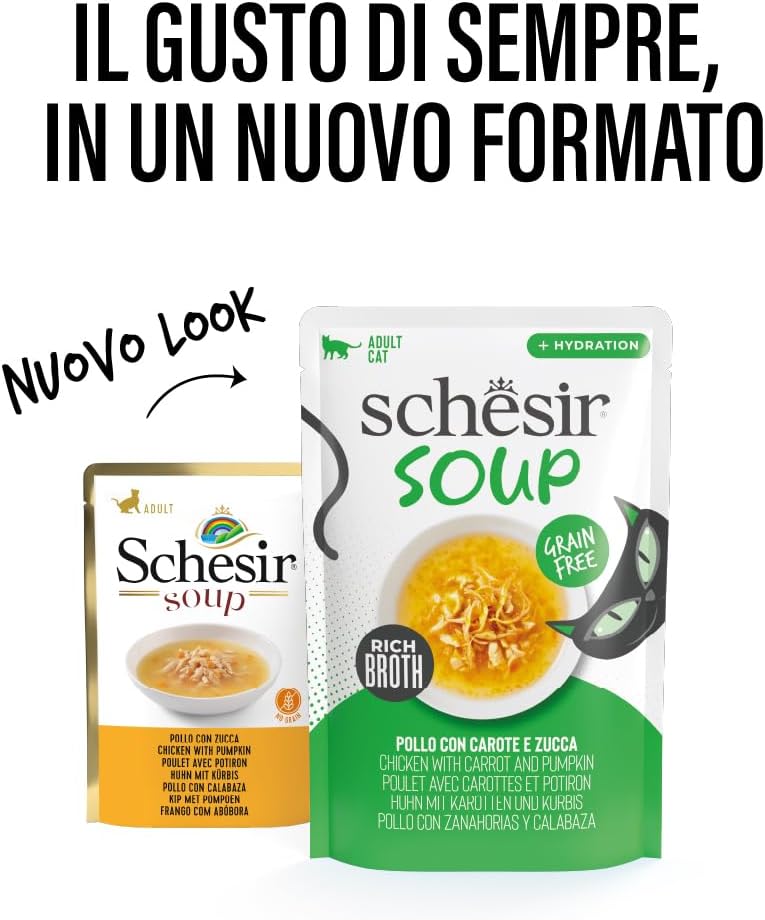 Detalle de Schesir Zuppa con Filetti di Pollo, Carote e Zucca in busta: alimento umido naturale per gatti