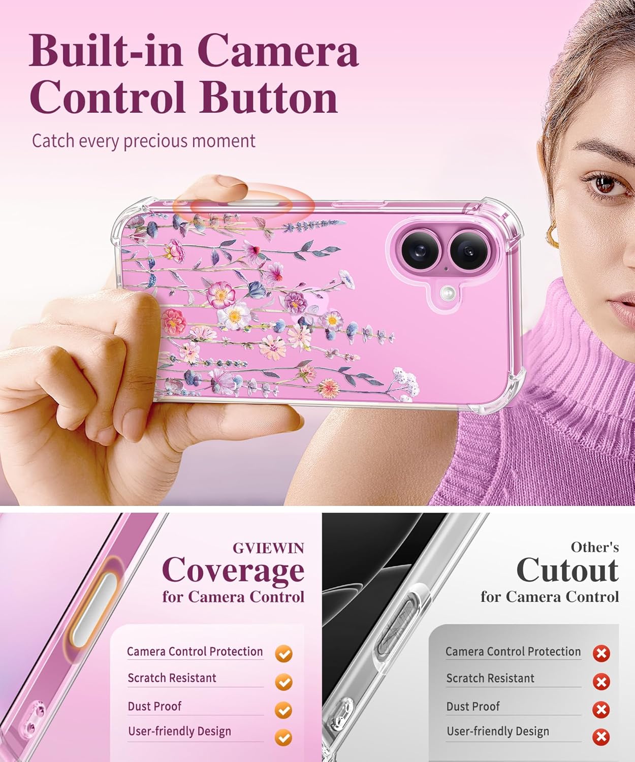 Thumbnail 4 de GVIEWIN iPhone 16 clear floral case with 2024 camera protector