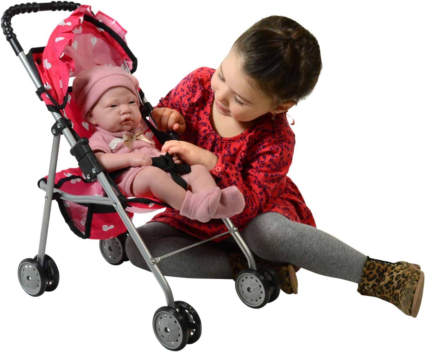 Detalle 2 de The New York Doll Collection My First Doll Stroller with Basket & Heart Design (Pink)