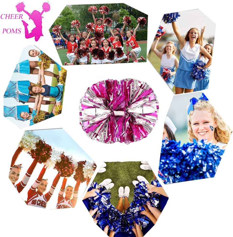 Thumbnail 3 de CREATIEE-PRO Cheer Pom Poms, 4 Metallic Rose Red and Silver Poms with Handles