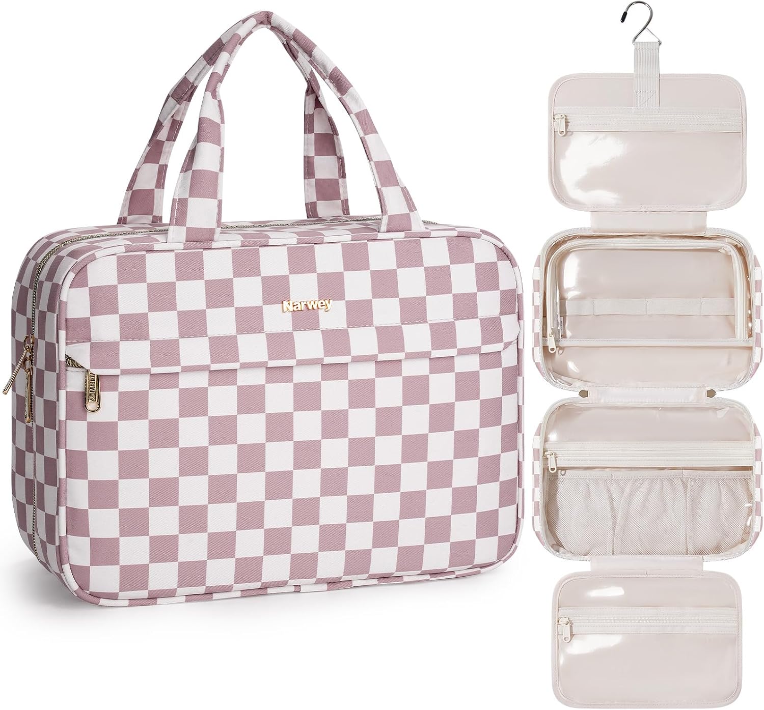 Detalle de Narwey Large Hanging Toiletry Bag (Dusty Pink Checkerboard) – organised travel wash bag with hook and compartments