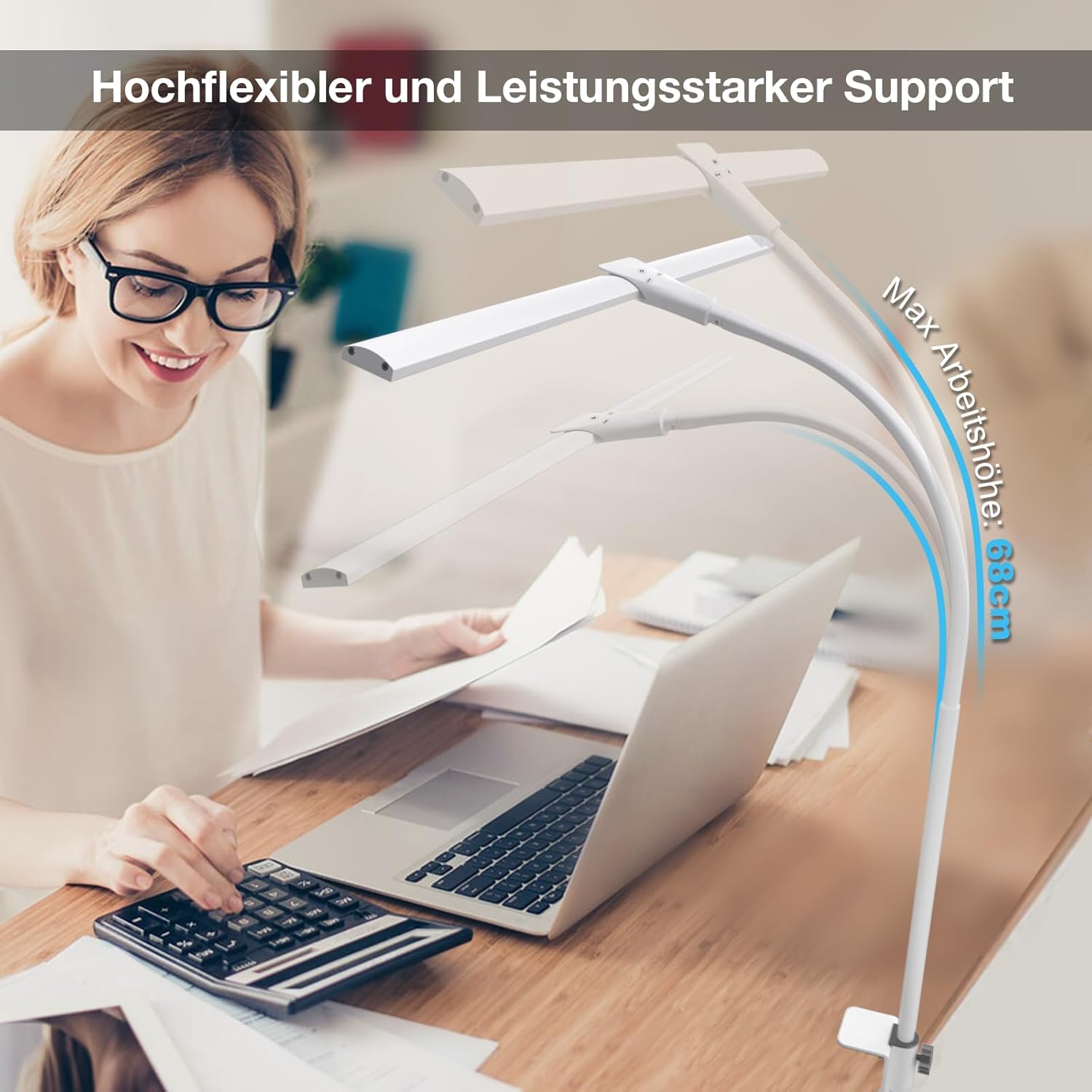 Thumbnail 4 de Hensam Schreibtischlampe LED – vielseitige Büro-Beleuchtung mit Schwanenhals und Doppelkopf-Design