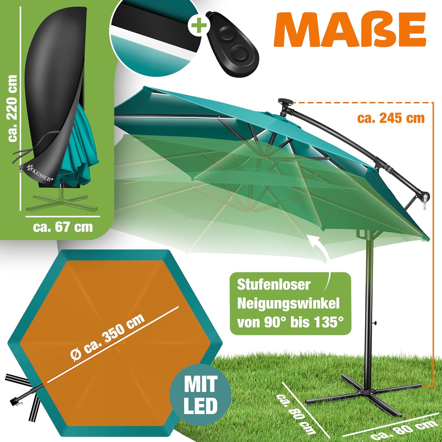 Detalle 2 de KESSER Alu Ampelschirm LED Solar inkl. Abdeckung, Fernbedienung & Kurbelschirm – 360°-Funktion, wasserabweisend