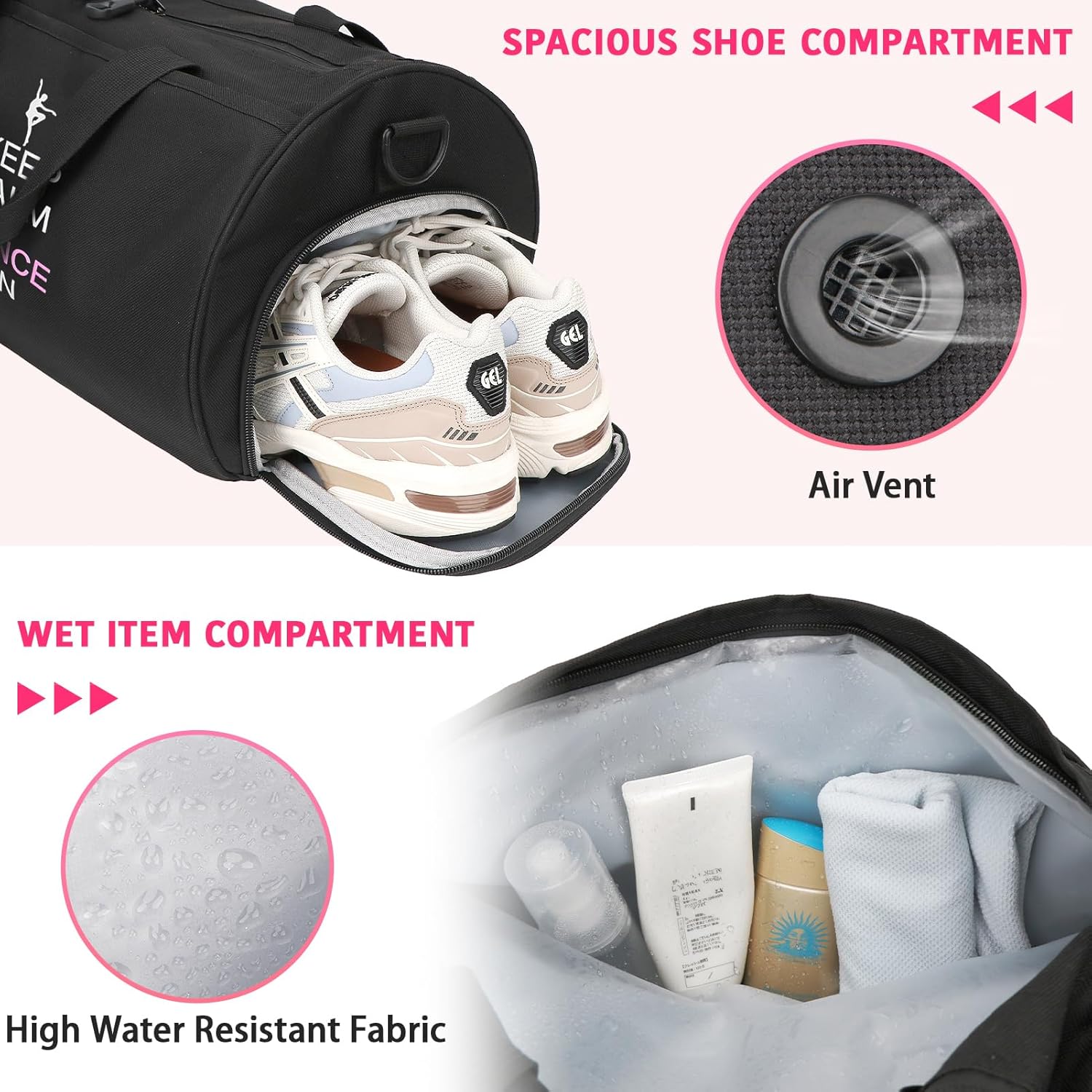 Detalle de Kilofly Keep Calm Dance ON Girls Ballet Sports Gym Duffel Bag – 43 x 26 x 26 cm