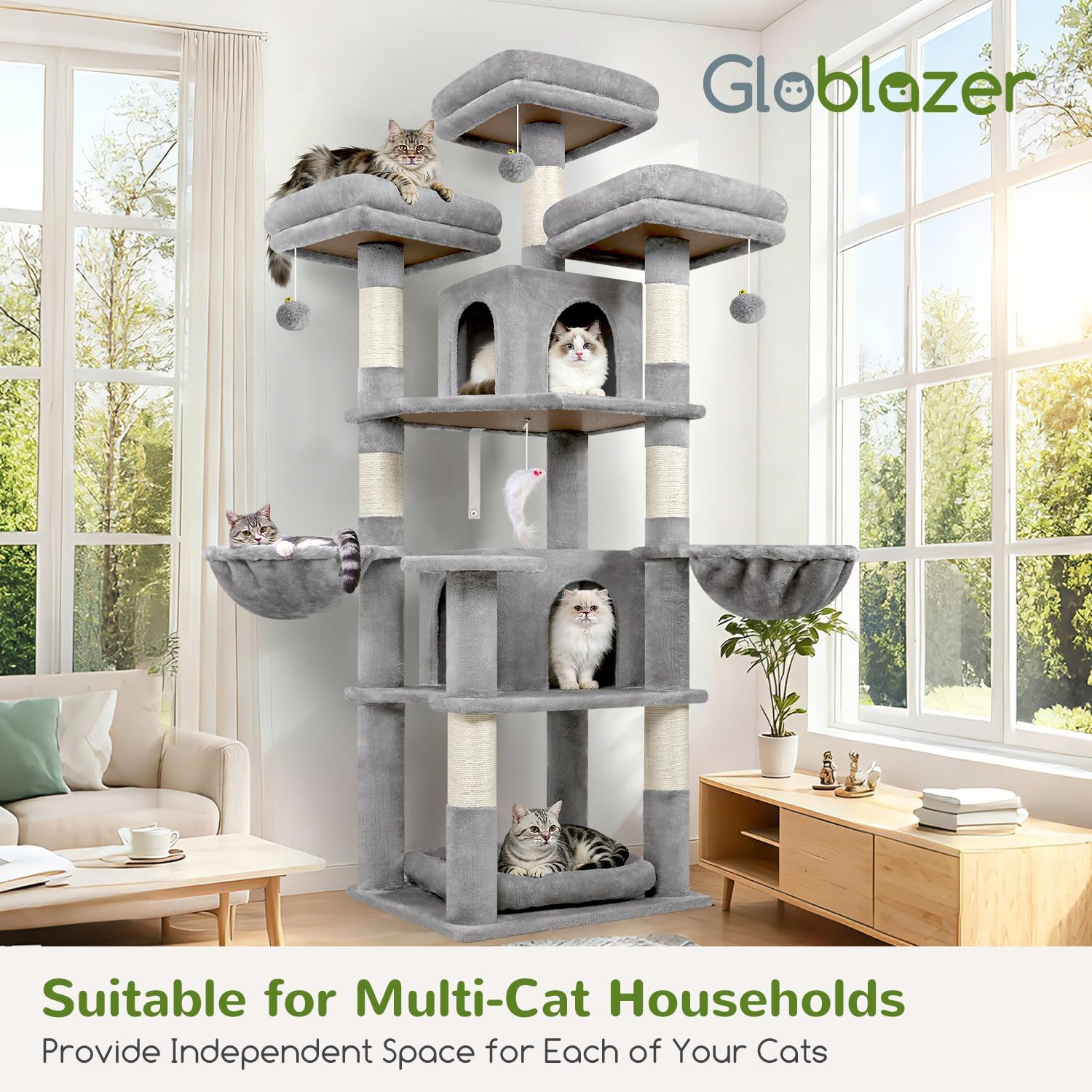 Thumbnail 6 de Globlazer Kratzbaum Stabil 174 cm mit 3 gepolsterten Sitzstangen, Katzenhäusern & Körben (F68B, Hellgrau)