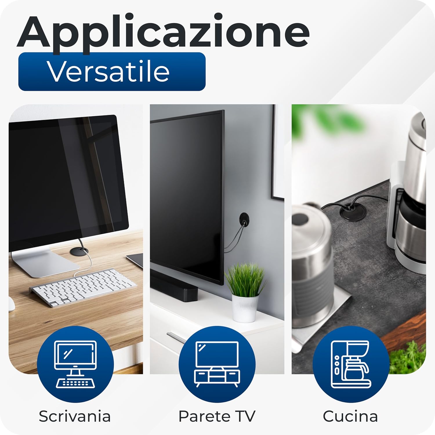 Detalle de BRUCE. Premium Passacavi Scrivania 60 mm – Tappo Passacavo in Metallo Nero, con Spazzola e Gommino Sostituibili