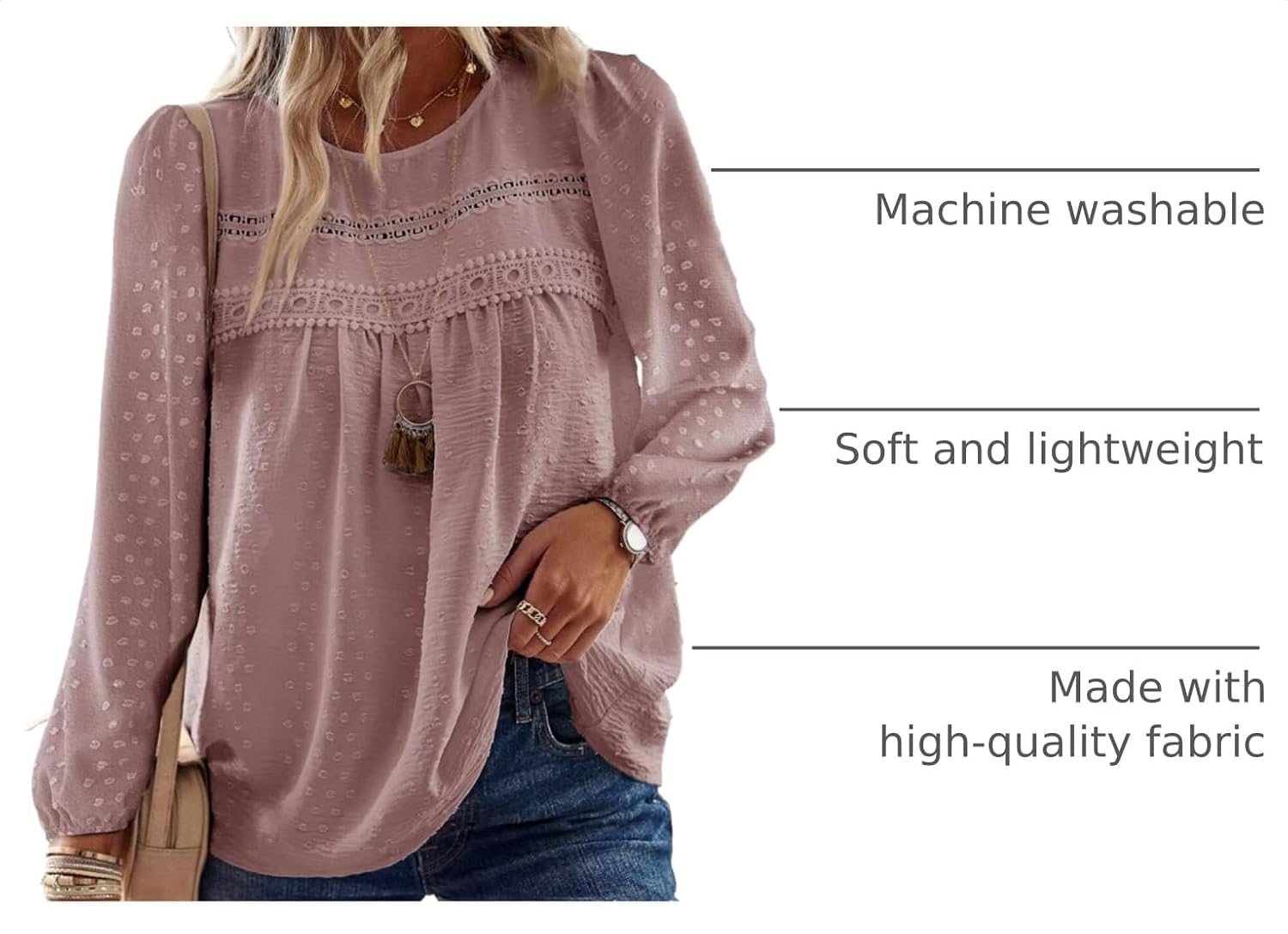 Detalle 2 de Falechay Boho long sleeve crewneck crochet lace top for women