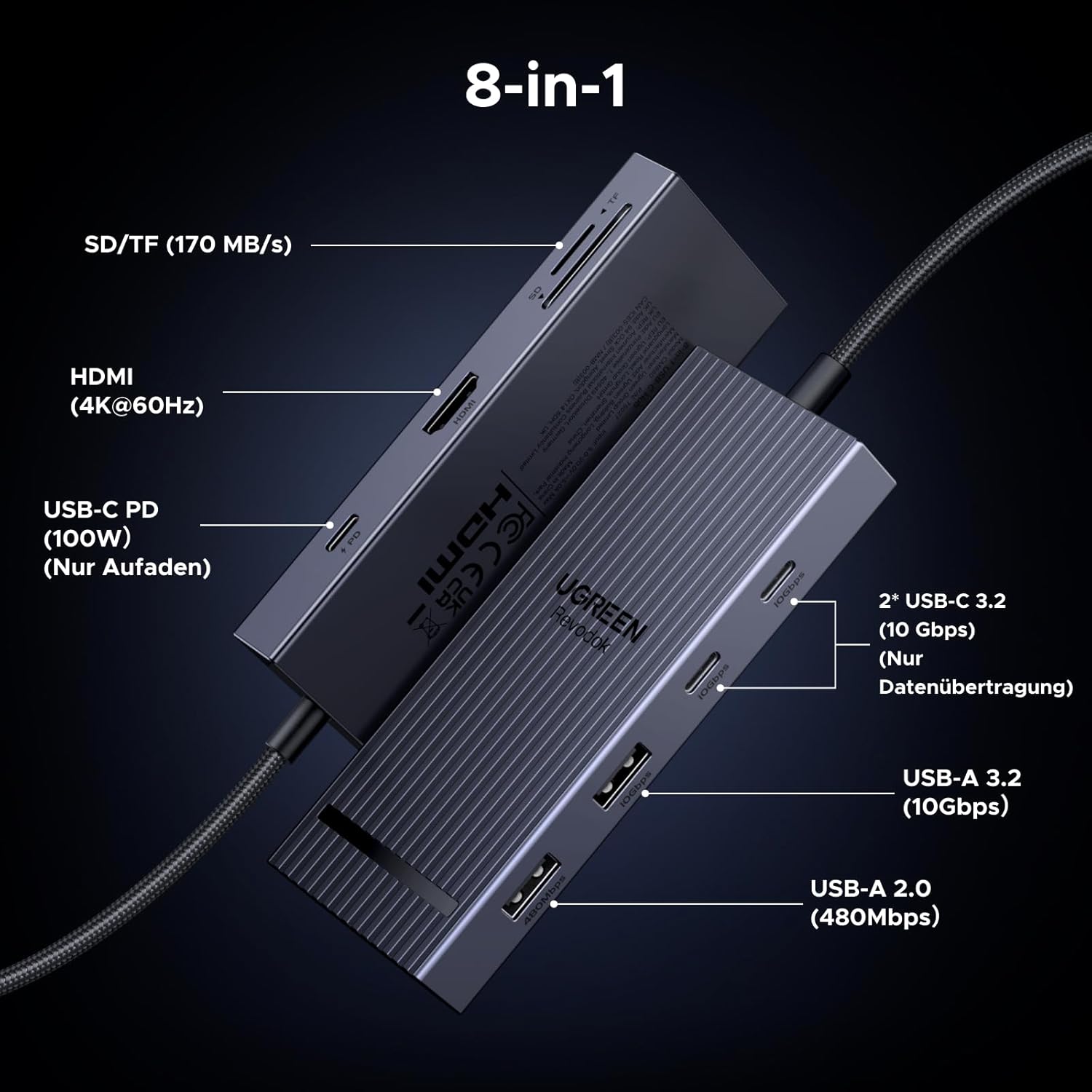 Detalle 2 de UGREEN Revodok Pro 108 USB-C Hub 100W