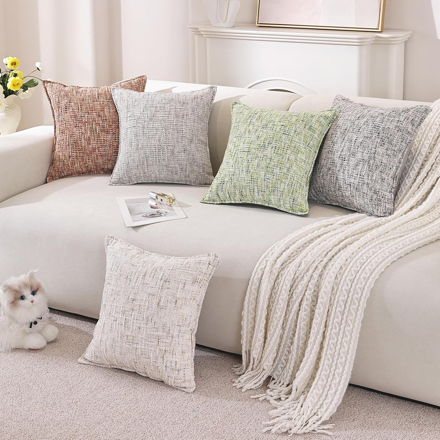 Thumbnail 6 de Ystyle Housse de coussin Luxe en chenille, lot de 2 – 50 x 50 cm, fermeture éclair invisible crème