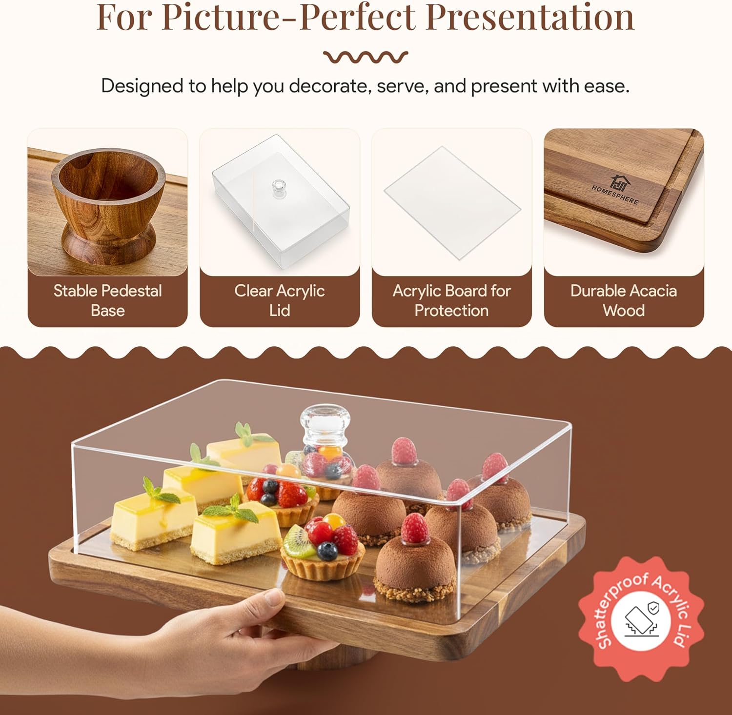 Detalle de HOMESPHERE Acacia Wood Cake Stand 4" 🍰
