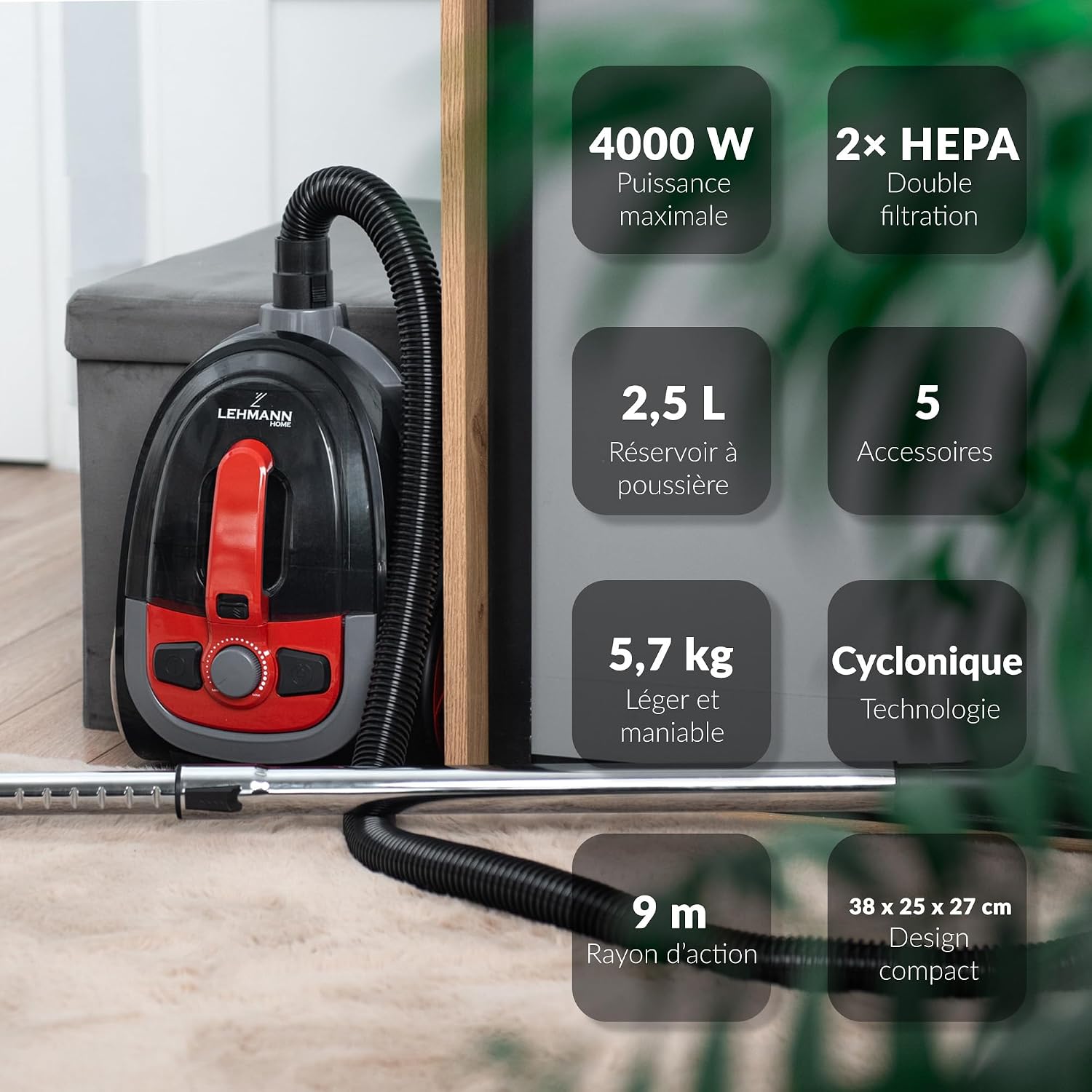 Detalle de LEHMANN Typhoon beutelloser Staubsauger 4000 Watt – leistungsstarker Zyklon-Staubsauger mit großem 2,5-Liter-Behälter und umfangreichem Düsen-Set