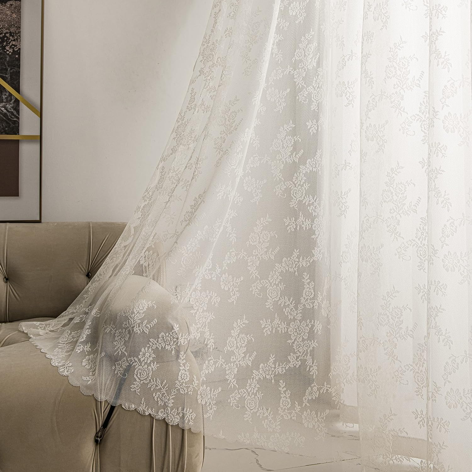 Sutuo Home koronkowe zasłony 213 cm, 2 panele, kość słoniowa, haft kwiatowy