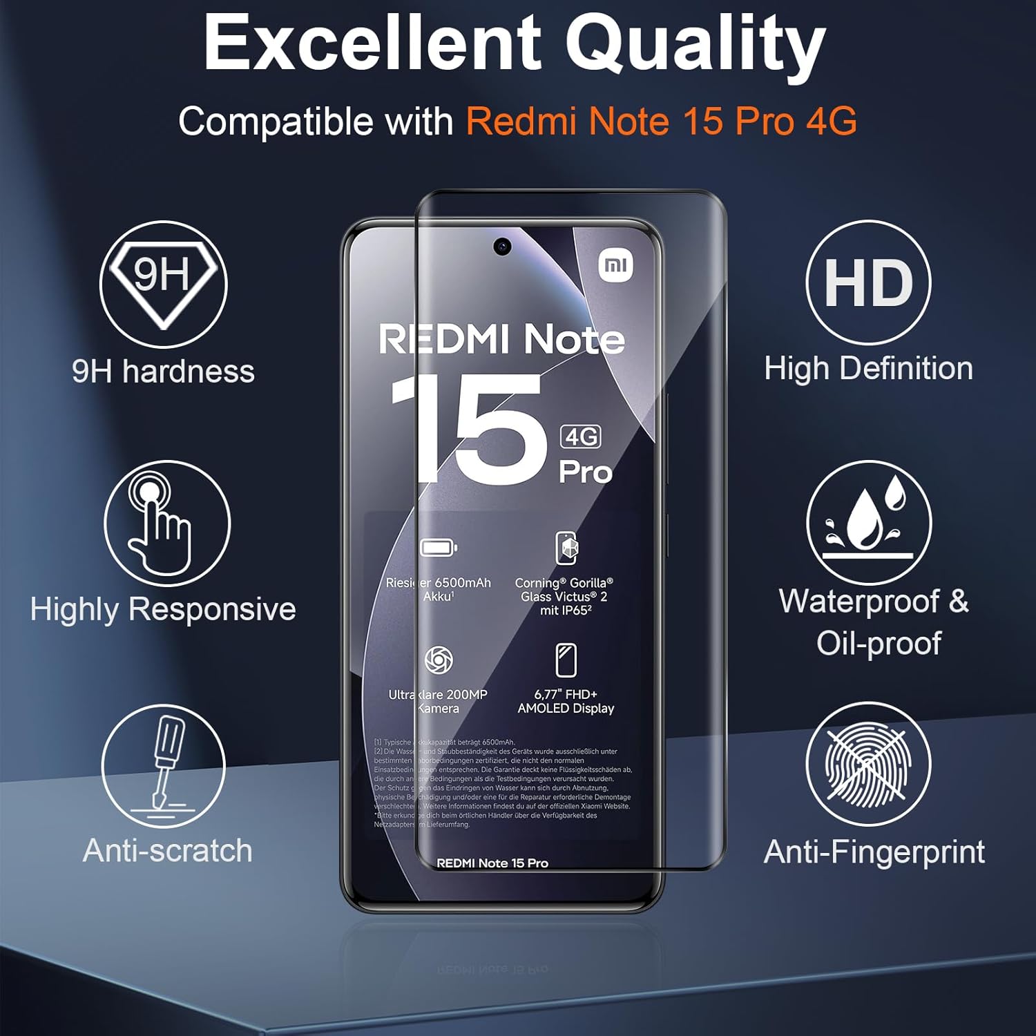 Thumbnail 2 de Vanrain Schutzfolie für Panzerglas & Kameraschutz für Xiaomi Redmi Note 15 Pro 4G – 2x Displayglas + 2x Kameraschutz