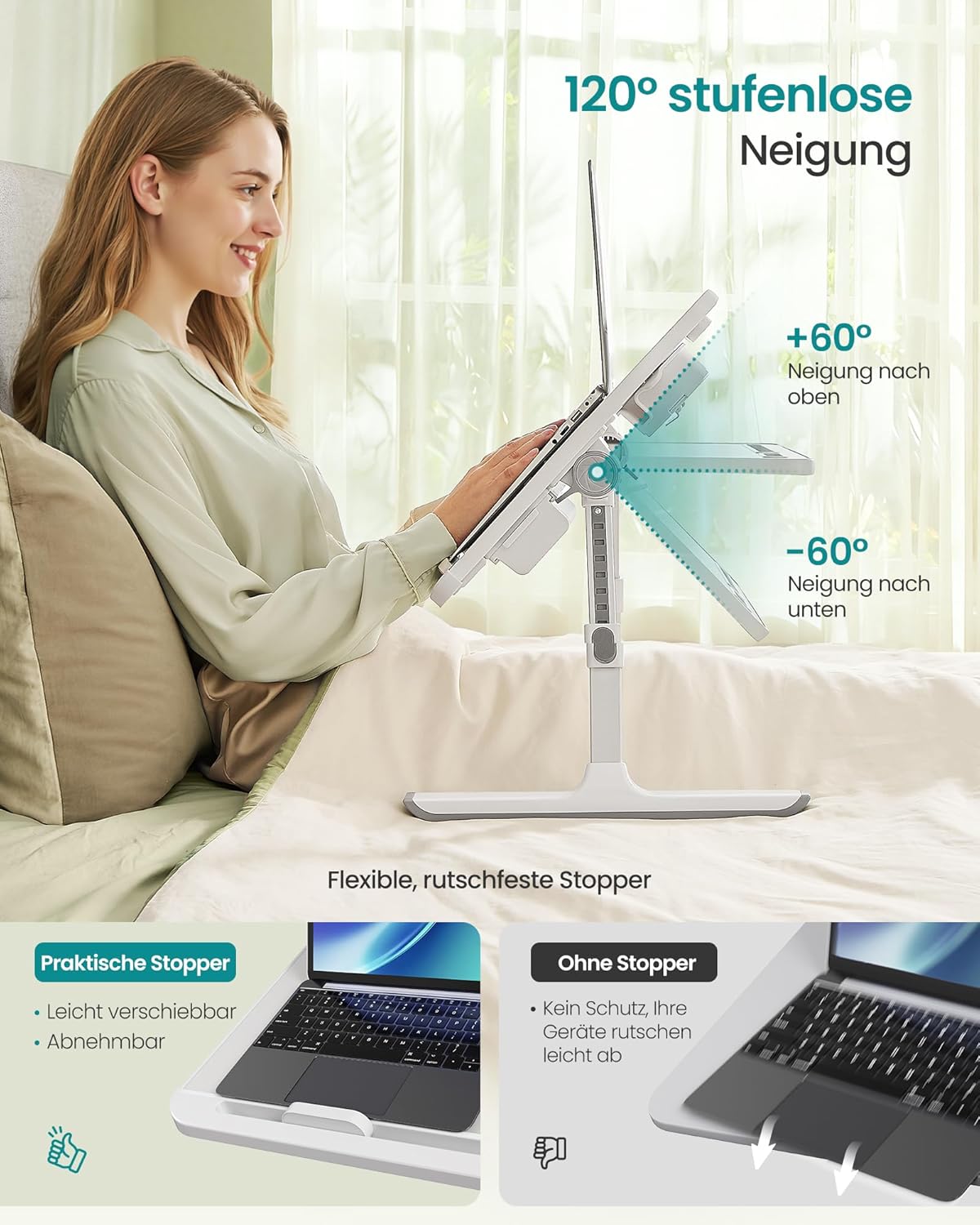 Thumbnail 3 de SONGMICS Laptoptisch LLD113GZ01 – Bett- und Laptoptisch, 56×40 cm, 120° verstellbar, höhenverstellbar, Getränkehalter, Schublade, grau