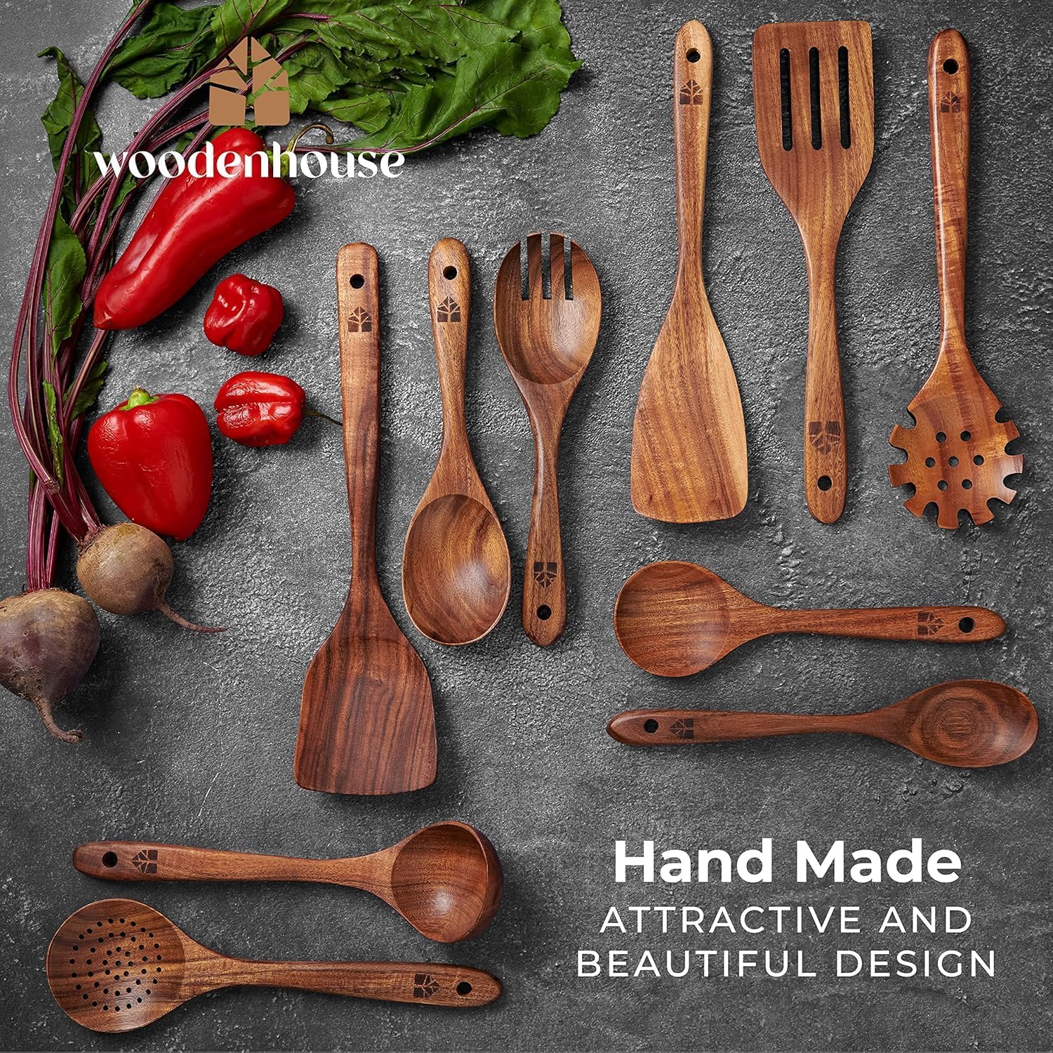 Thumbnail 6 de Wooden Utensil Set (10 pcs) Teak Wooden Spoons & Spatula Set for Nonstick Pans