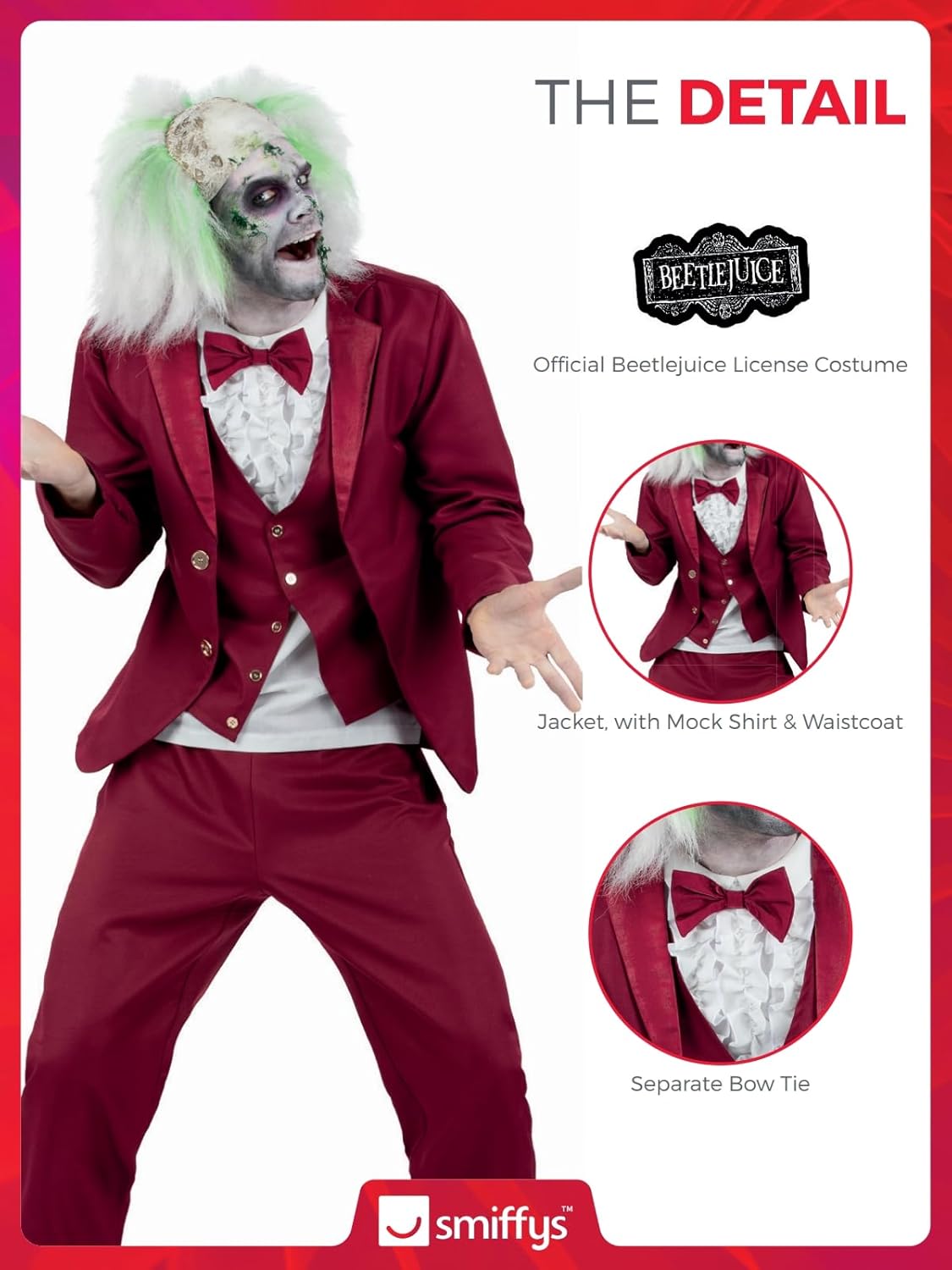 Thumbnail 4 de Smiffys Beetlejuice Groom Erwachsenen-Kostüm mit roter Jacke, Hemd-Imitat, Weste, Fliege & Hose