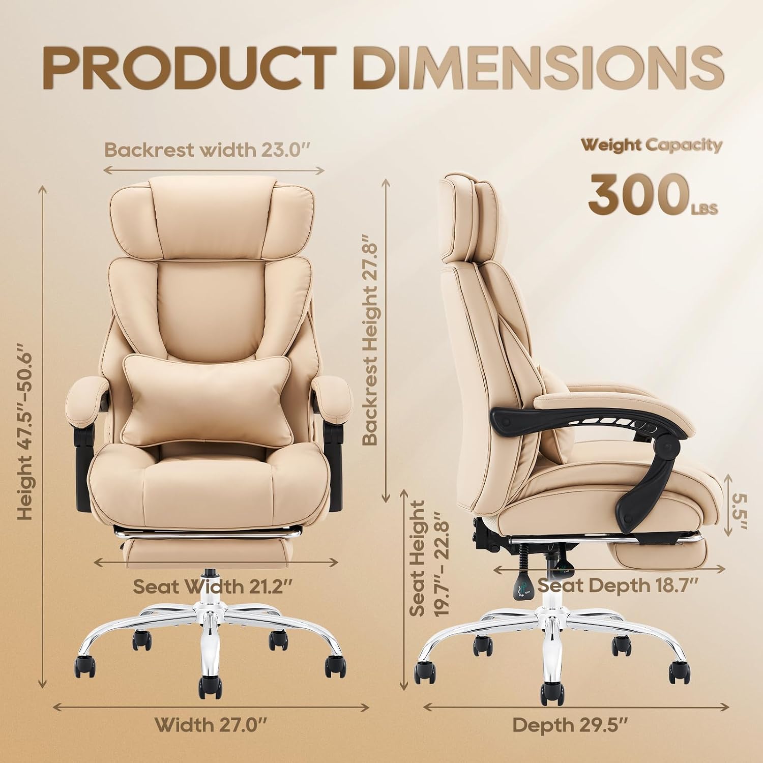 Thumbnail 2 de COLAMY 6754 High-Back Office Chair with Footrest, Recline and Khaki Bonded Leather