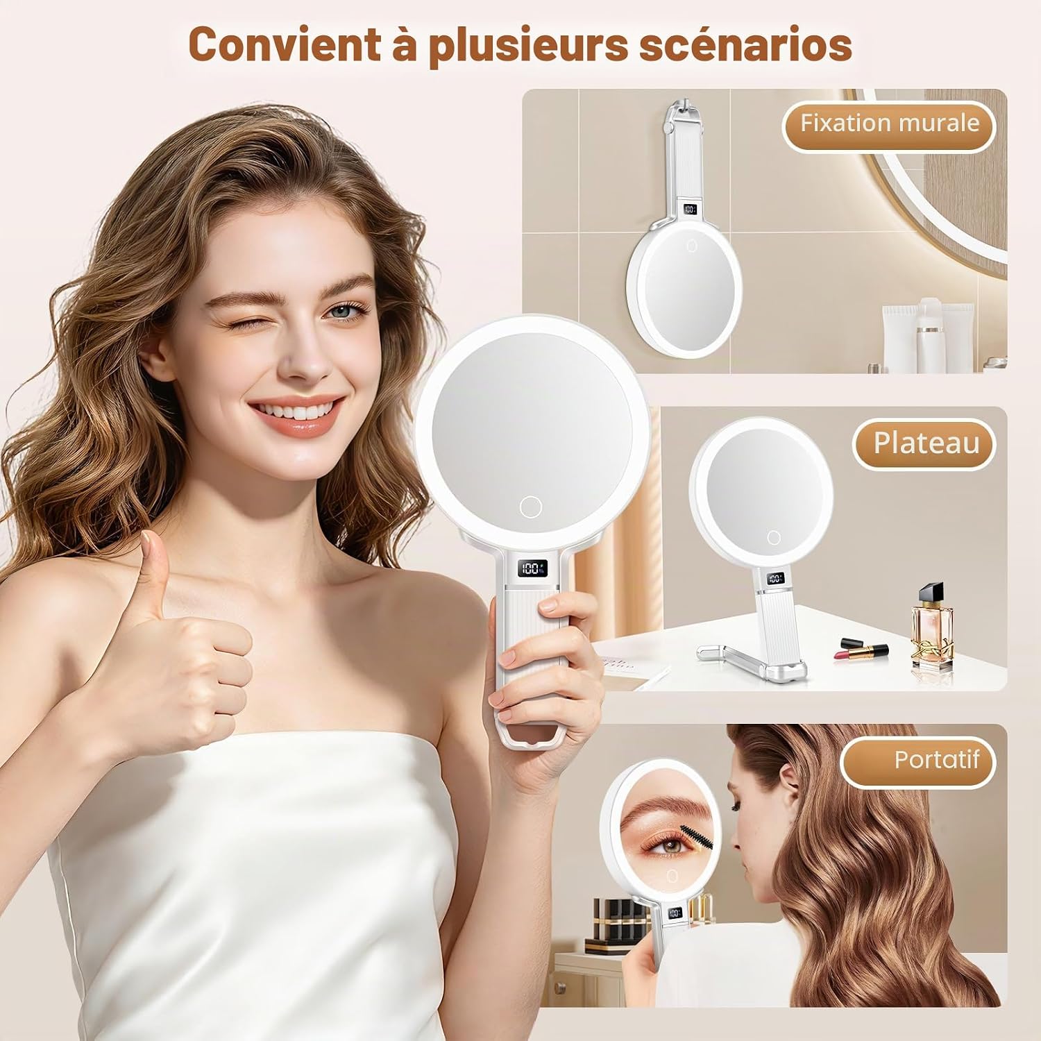Detalle 2 de Miroir de voyage grossissant 30x avec lumière LED – compact, rechargeable et portable