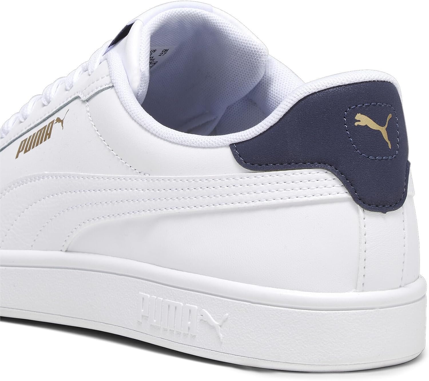 Detalle de PUMA Smash 3.0 Unisex — Baskets élégantes en cuir, blanc/bleu/or (TAILLE 43 EU)