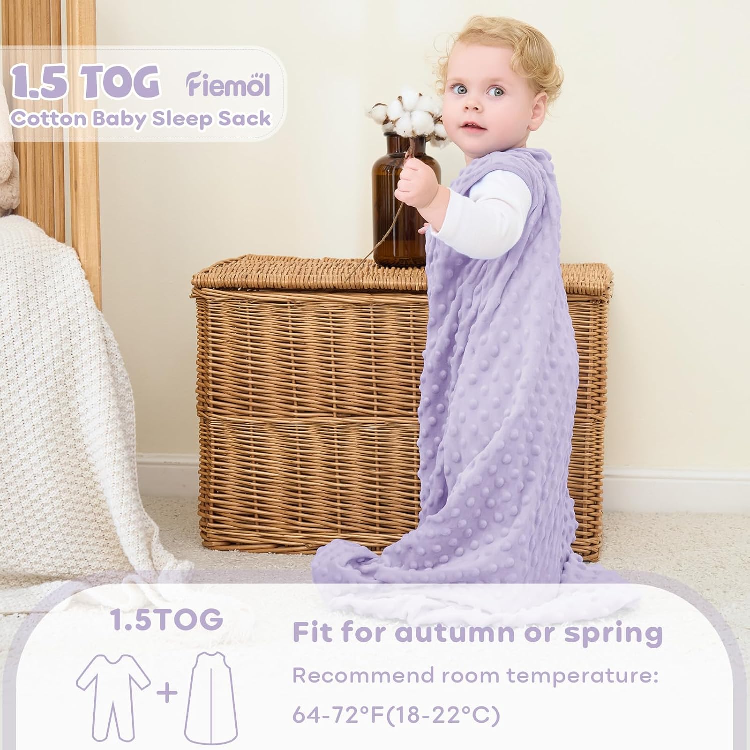 Detalle de FIEMOL Schlafsack Baby 6-12 Monate, 1.5 Tog, Plüsch-Doppelmaterial, Rosa/Lila, 78 cm – 2er Pack