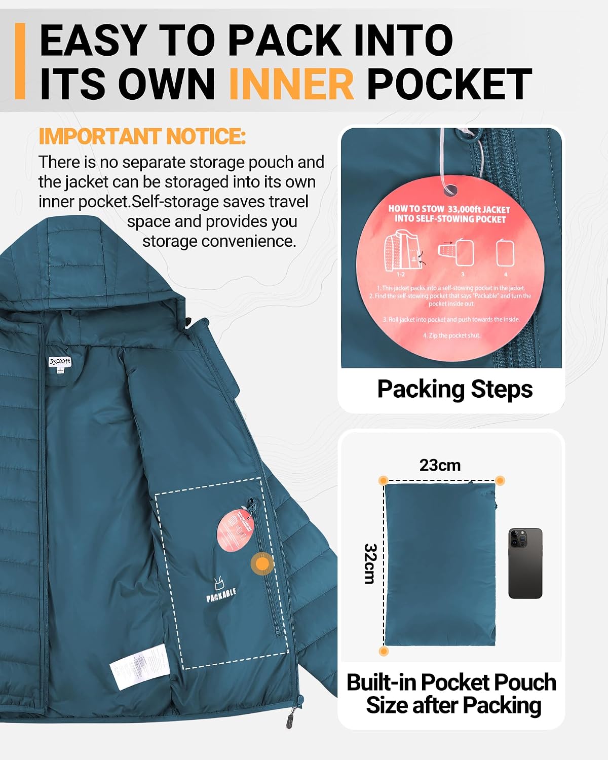 Thumbnail 3 de 33,000ft Women’s Lightweight Puffer Jacket with Hood – Water Repellent, Packable Quilted Coat