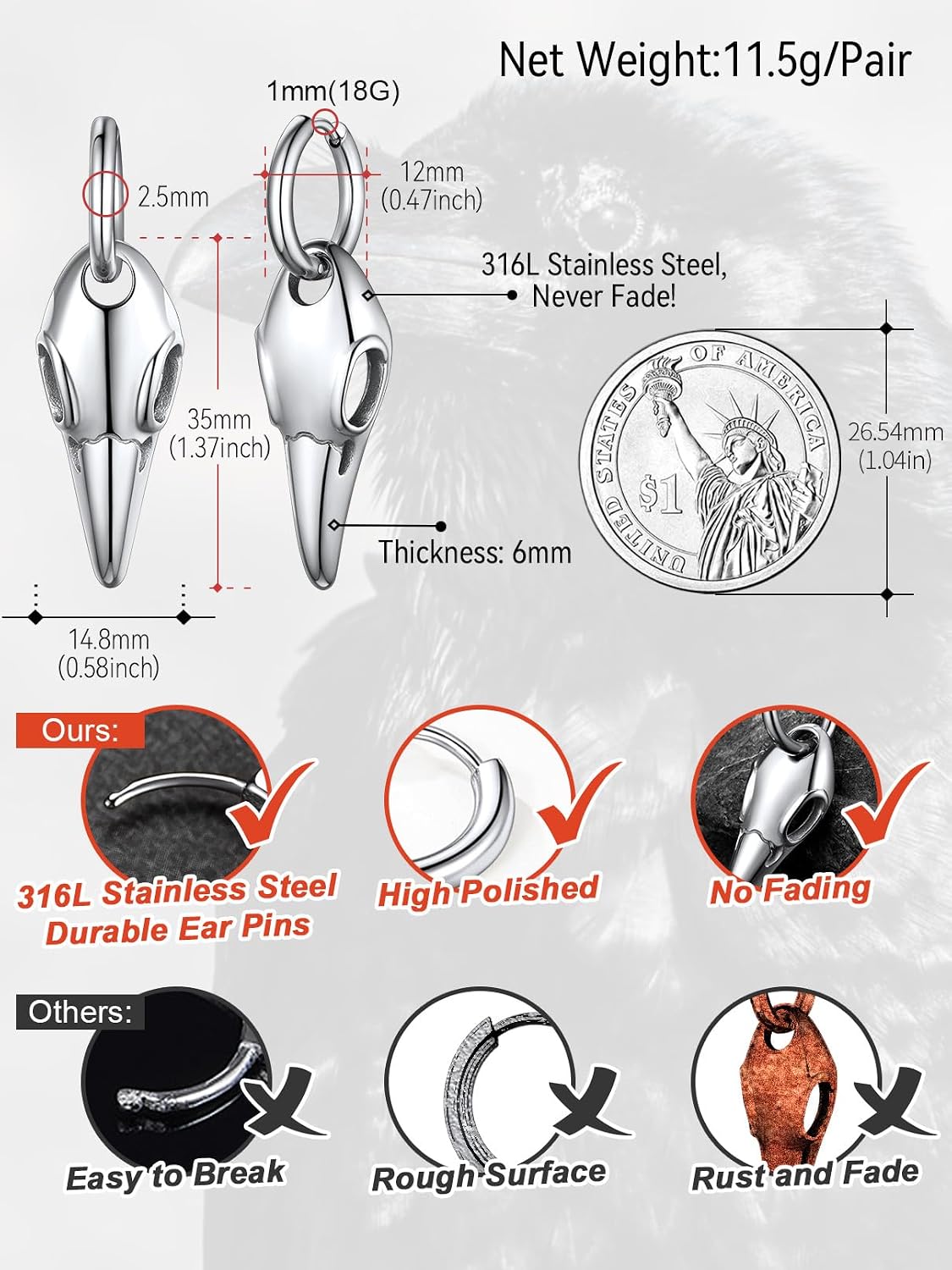 Detalle de FaithHeart Boucles d'oreilles Homme Crâne de Corbeau en Acier Inoxydable - Ø12 mm