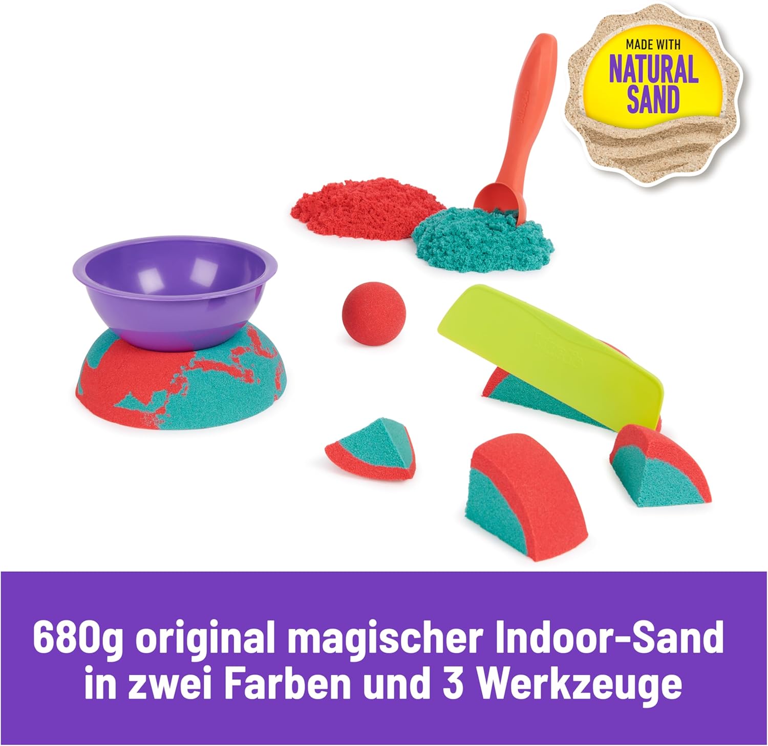 Detalle de Kinetic Sand Mold n' Flow Set (680 g) – Magischer Indoor-Sand in Rot & Türkis mit 3 Werkzeugen für Kinder ab 3 Jahren