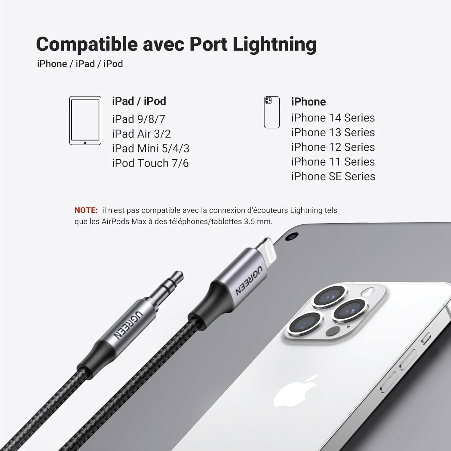Detalle de UGREEN Cavo Aux per iPhone certificato MFi, 1 m, Lightning to 3.5 mm in Nylon – compatibile con iPhone 14/13/12 e altri modelli
