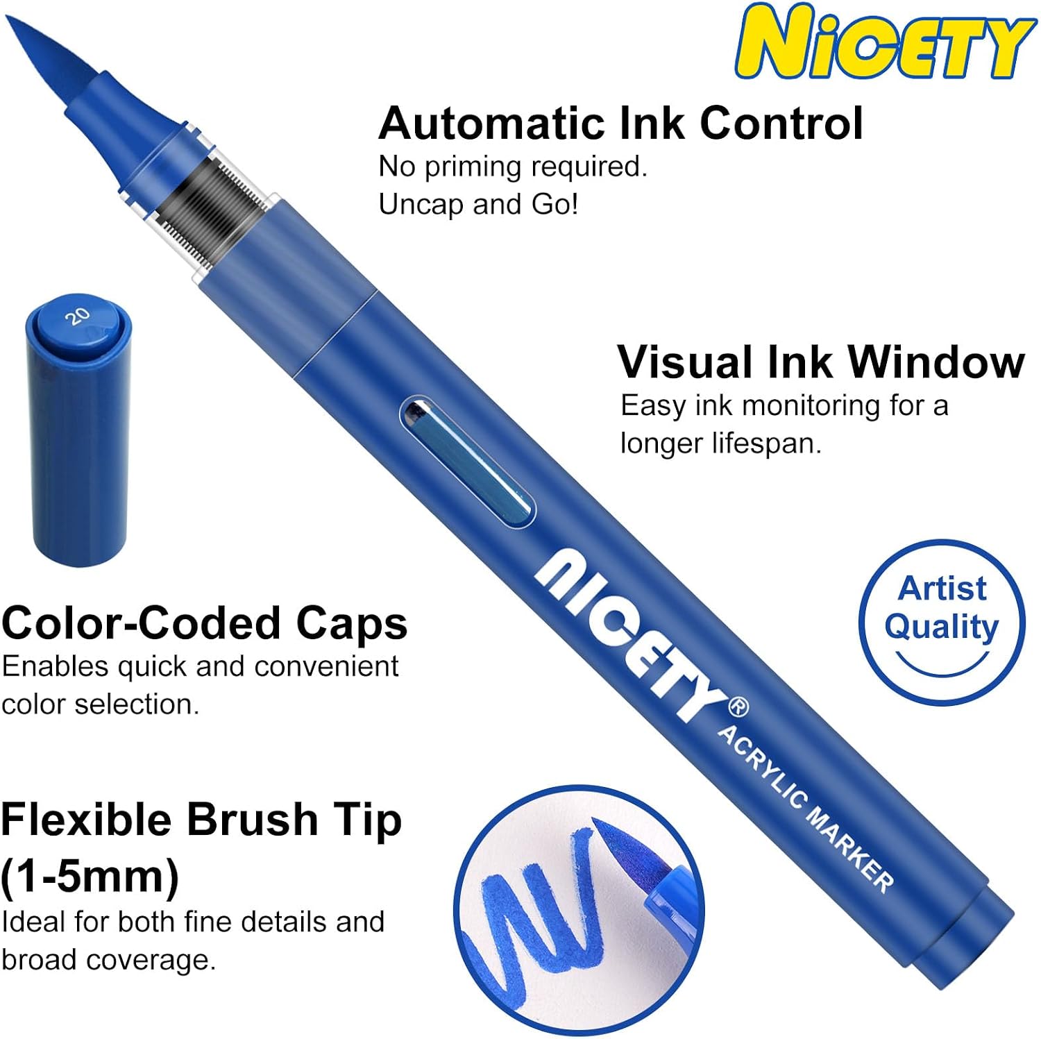 Detalle de NICETY 84 Kolory – markery akrylowe z końcówką pędzelkową 1–5 mm