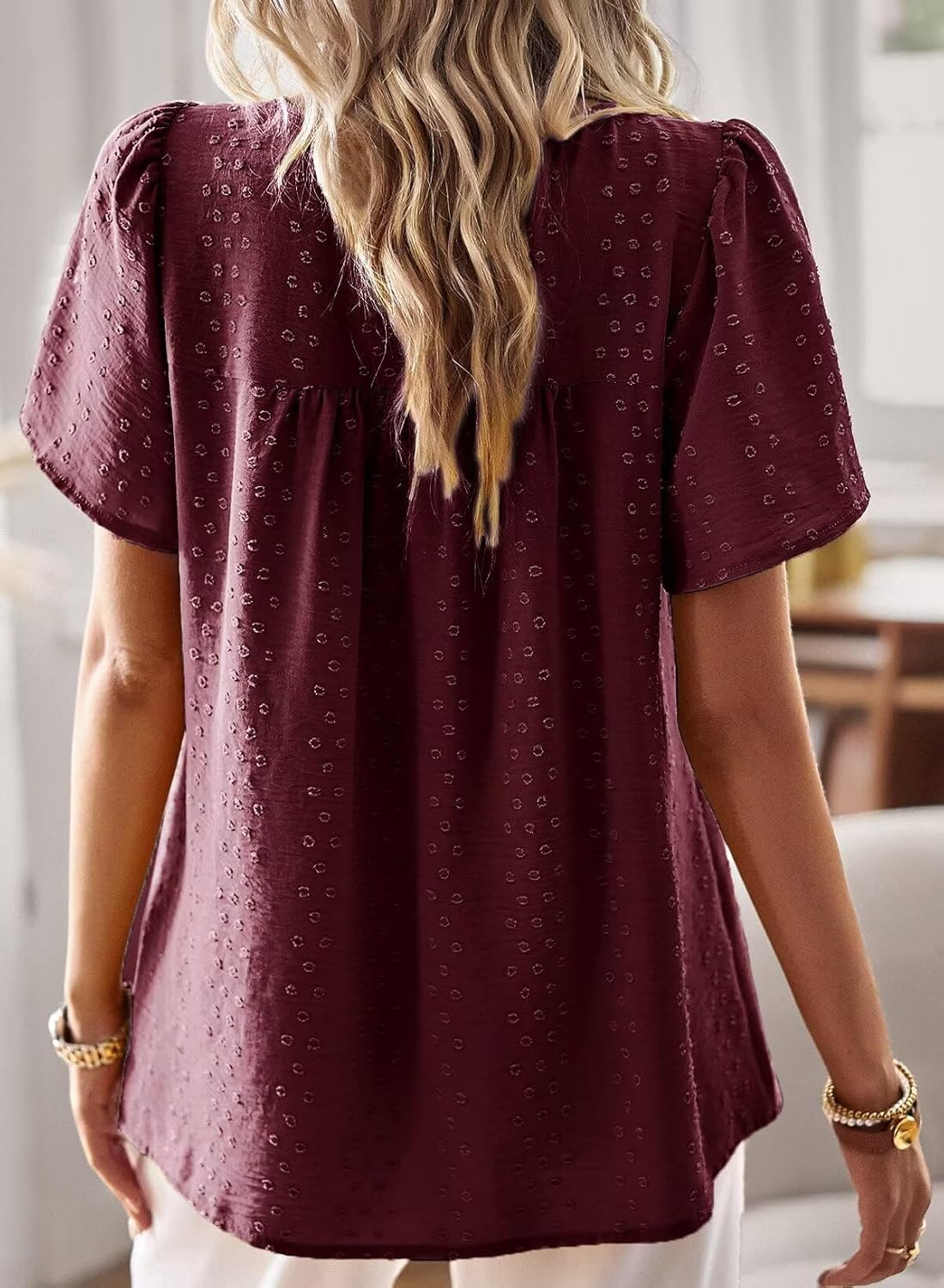 Detalle de TUUHAW Top Damen Sommer Boho Bluse Kurzarm mit Häkelspitze – Rundhals, Fließend, Lässig
