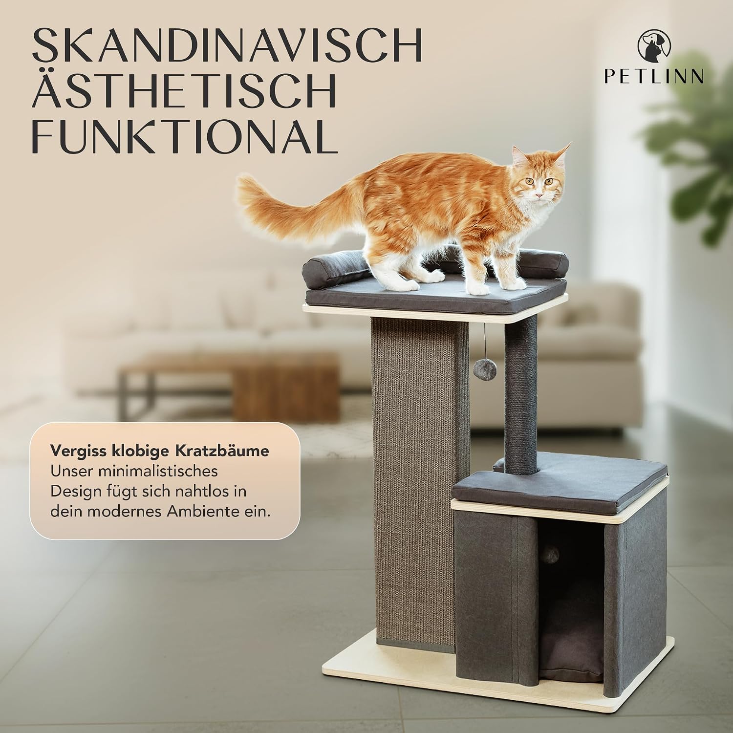 Detalle de Petlinn Premium Kratzbaum – stabiler Katzenbaum für große Katzen (95 cm) mit extrafester Stamm, Naturholz-Look und großzügigen Liegeflächen