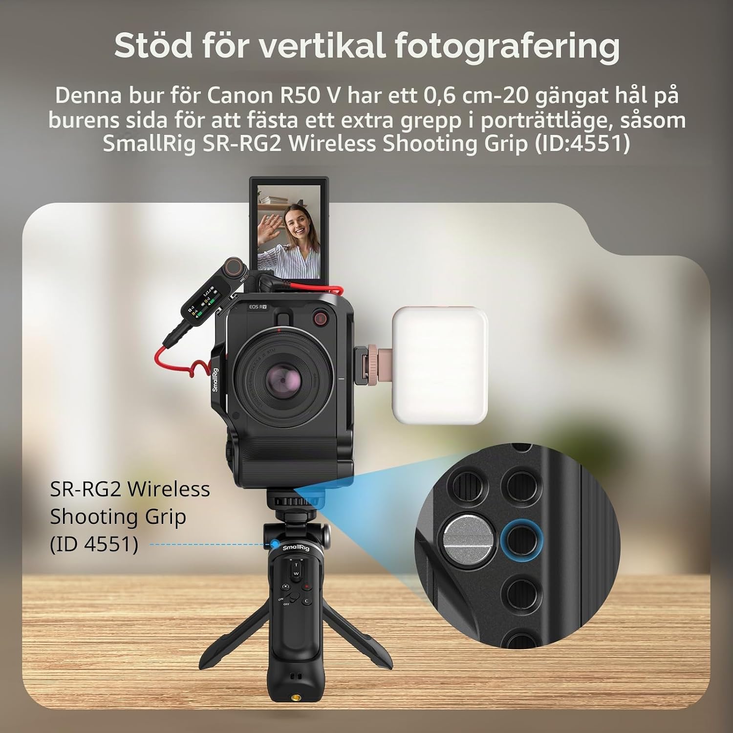 Detalle 2 de SMALLRIG 5427 kamerabur för Canon R50 V med silikonhandtag och Arca-platta