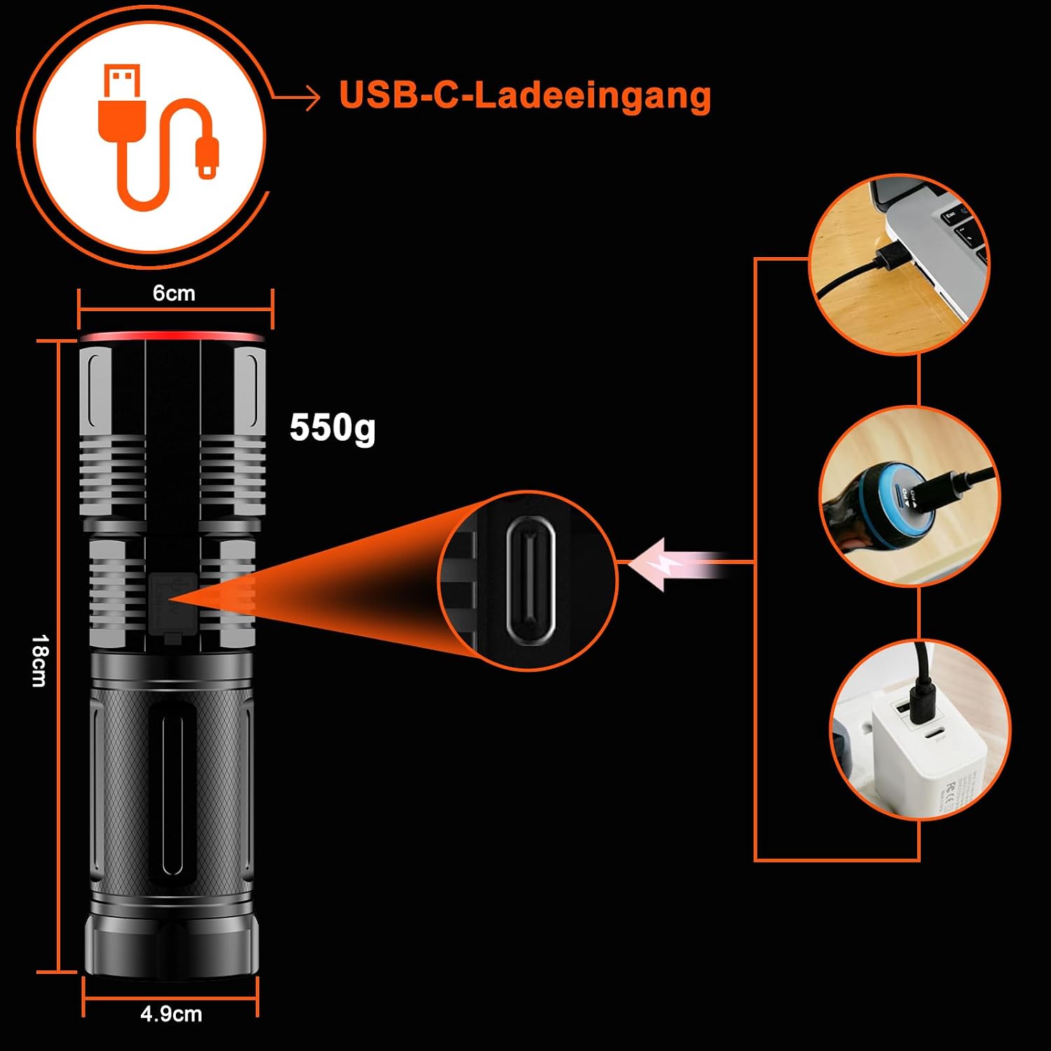 Detalle de Relybo Relybo-A11 led-zaklamp met USB-C, lcd-scherm en instelbare focus