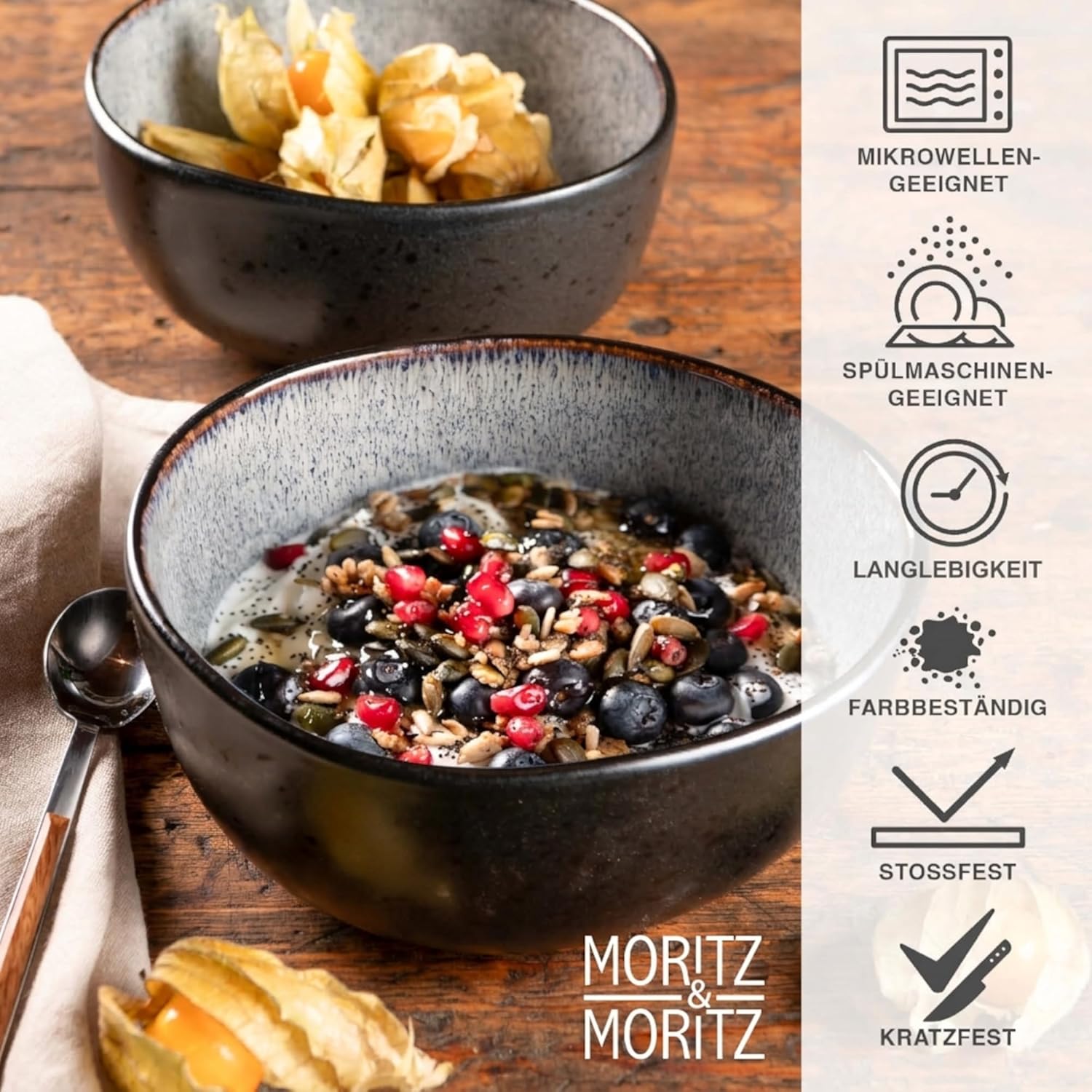 Detalle de Moritz & Moritz ORGANIC Müslischalen Set 6-teilig Grau – Steingut-Schalen mit Farbverlauf, ca. 500 ml
