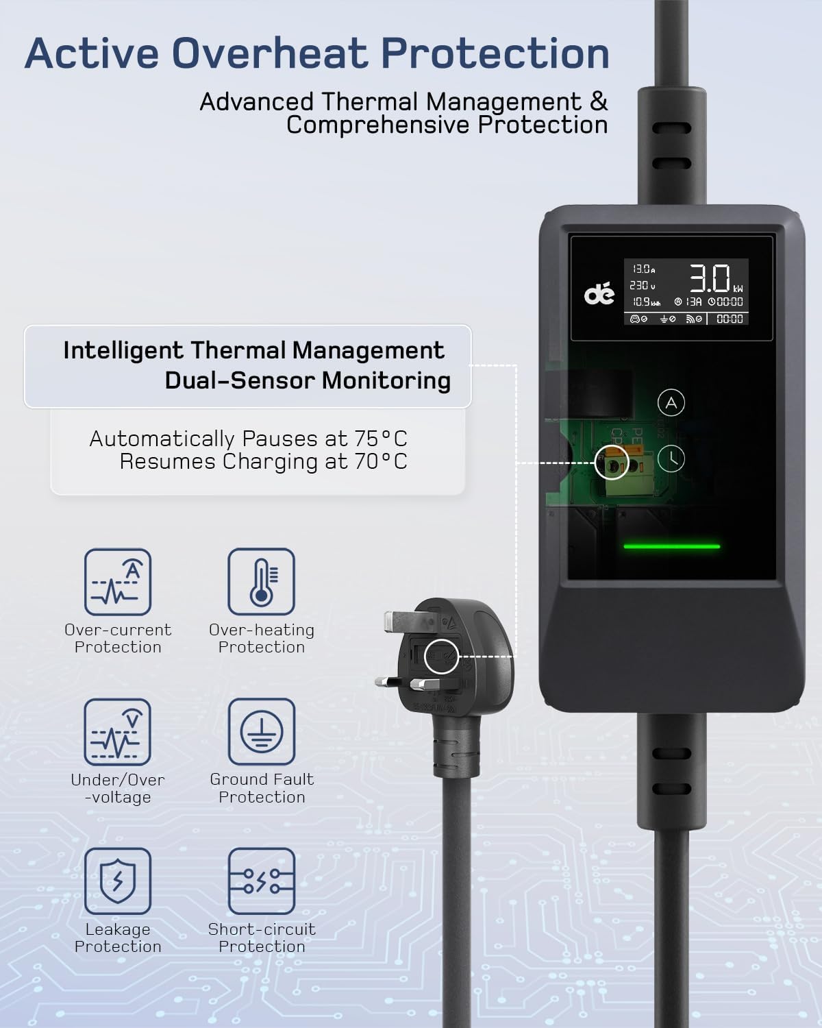 Detalle de Dé EV Charger 3 Pin Plug 10m with App – 3kW Portable Type 2 EV Charger for UK Homes