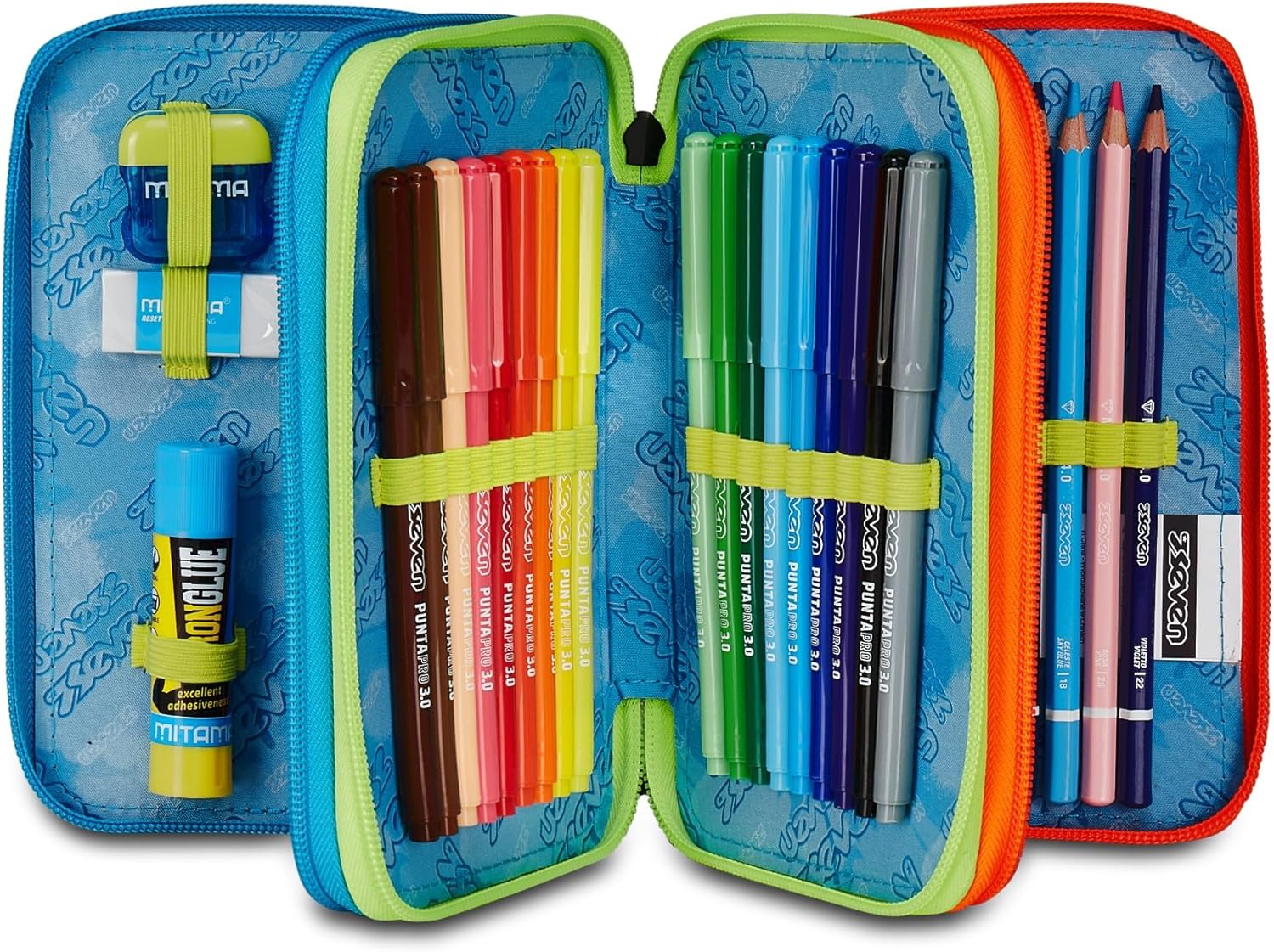 Thumbnail 1 de Seven Trousse d'école 3 Zip Scribbled Flame Bleu – 45 pièces et triple compartiment