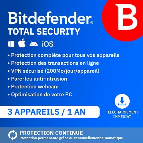 Detalle de Bitdefender Total Security 2026 – Protection multi‑plateformes pour 3 appareils (1 an)