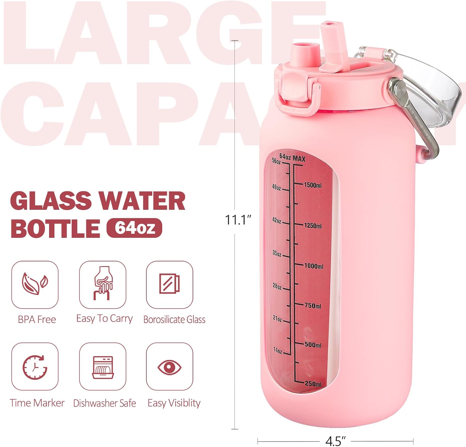Thumbnail 2 de BLUEGO 2000ml Borosilicate Glass Water Bottle with Stainless Handle, Time Marker and Straw (Pink)
