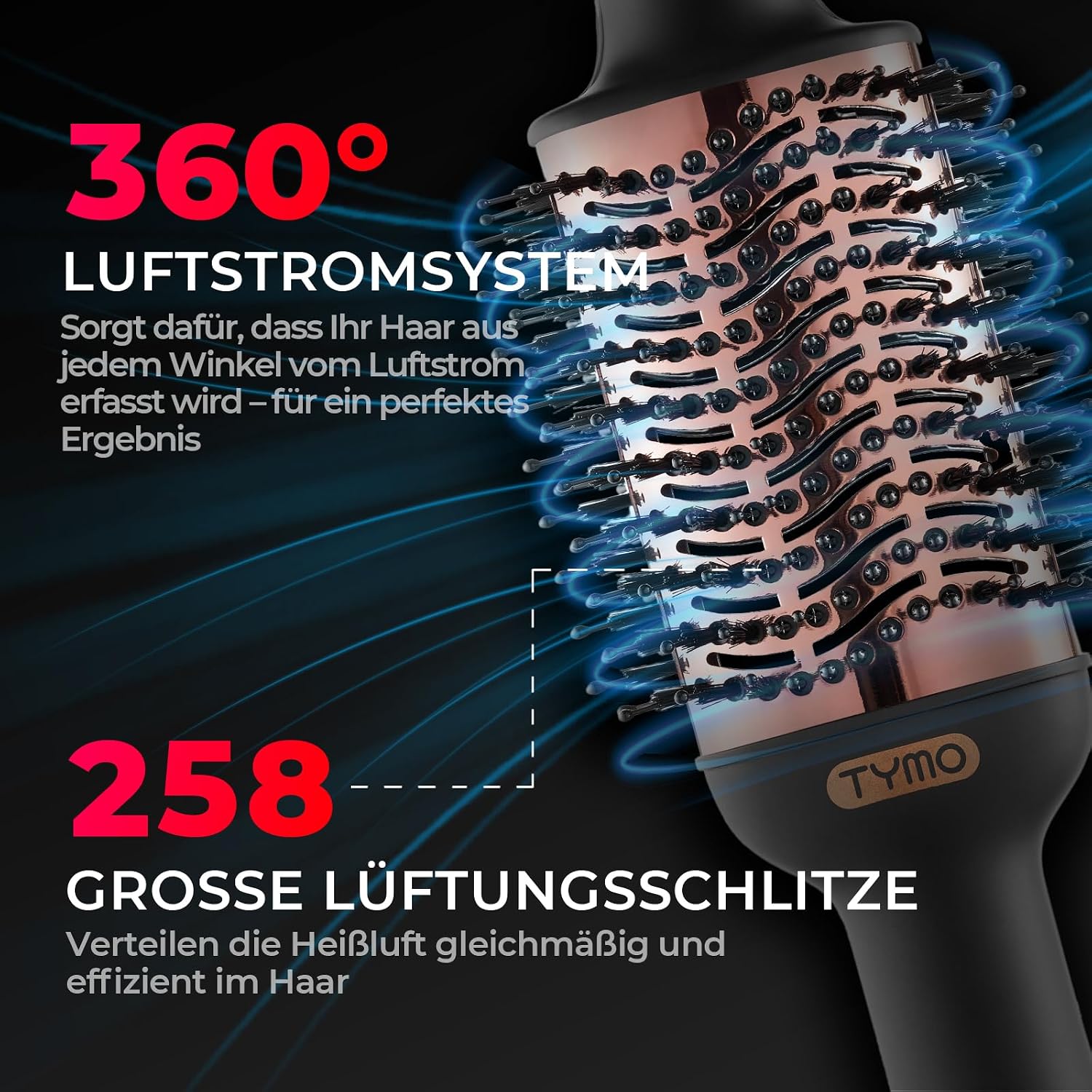 Detalle de TYMO Warmluftbürste Rundbürstenföhn – 4-in-1 Haarstyler mit Titanbeschichtung und Negativ-Ionen