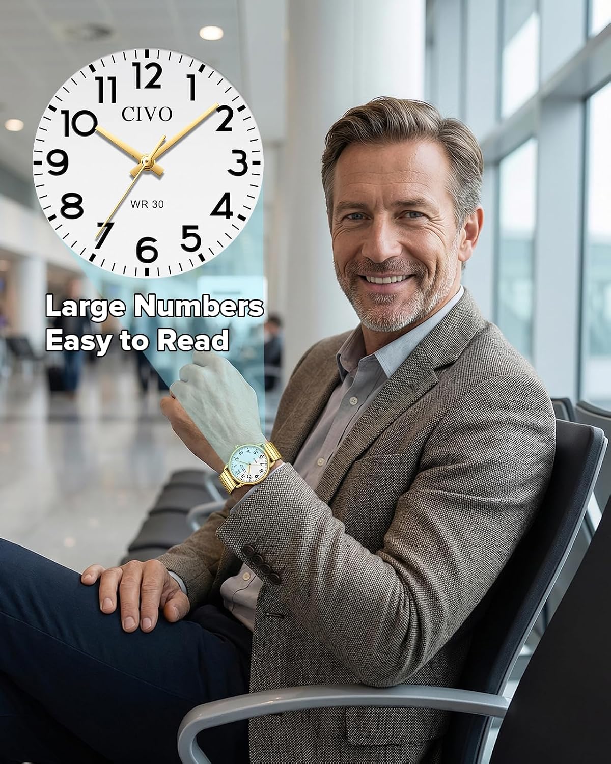 Detalle de CIVO Herren-Analog-Uhr „Gut ablesbar“ mit großem Zifferblatt – wasserdicht bis 30 m, Quarzwerk