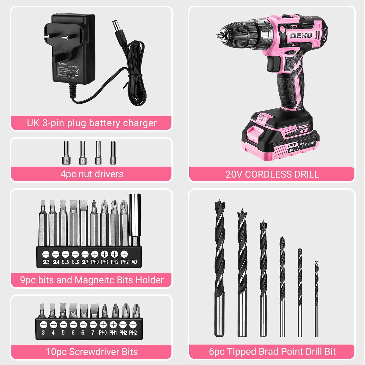 Thumbnail 2 de DEKOPRO Pink Cordless Drill 20V