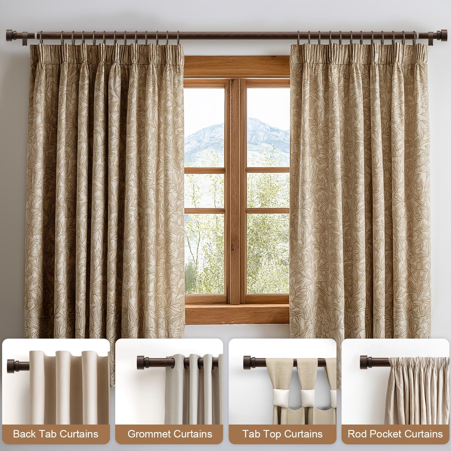 Thumbnail 2 de Lootkell 2 Pack Deep Walnut Wood Curtain Rods, 1" Diameter, Adjustable 32–88" (48–84" Window Range)