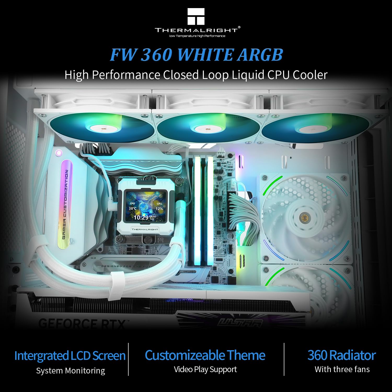 Detalle 2 de Thermalright Frozen Warframe 360 White ARGB AIO CPU Liquid Cooler with IPS LCD