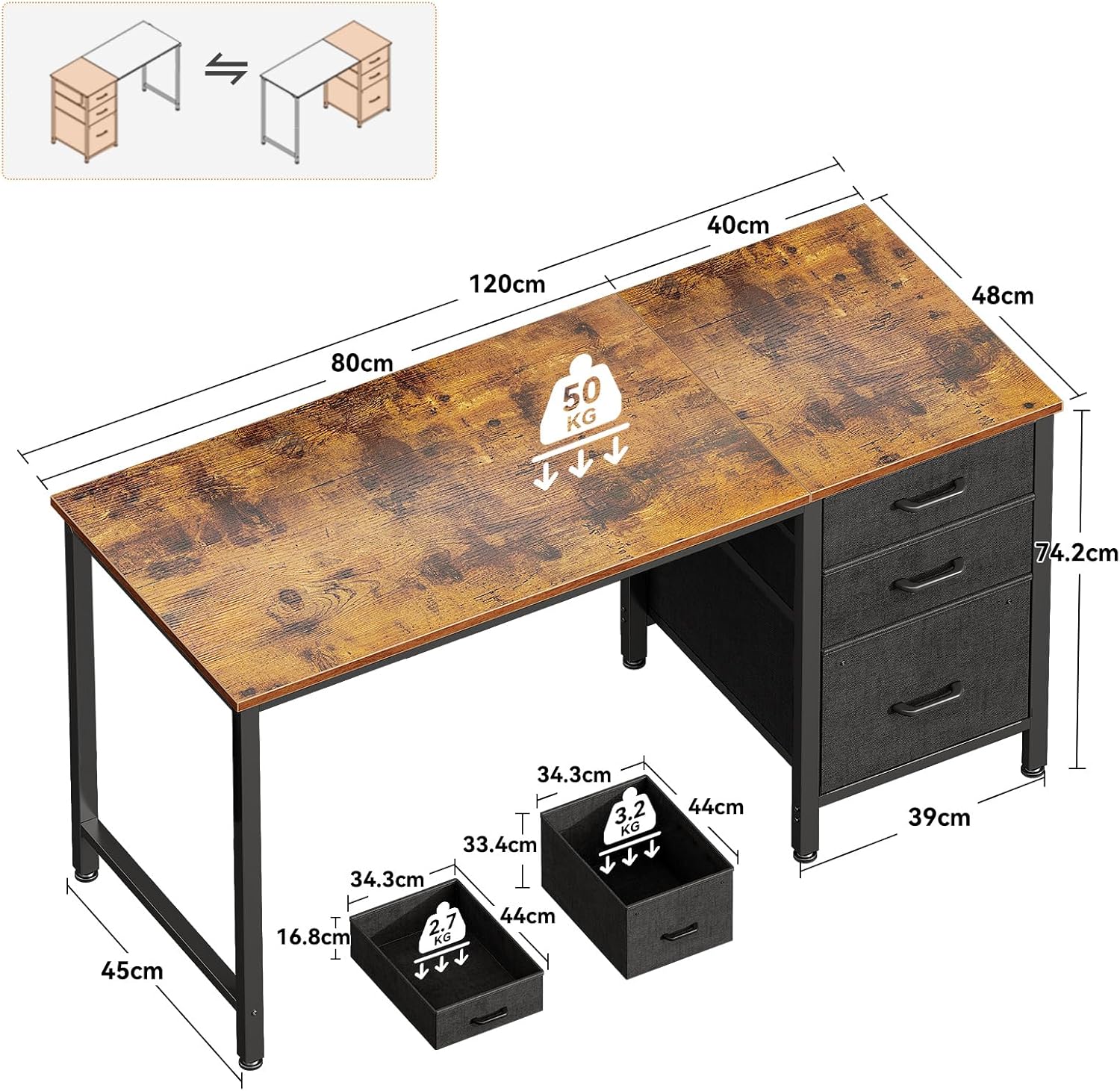 Thumbnail 2 de Coleshome Scrivania con 3 Cassetti in Tessuto, 120x48cm – Scrivania salvaspazio reversibile per ufficio domestico