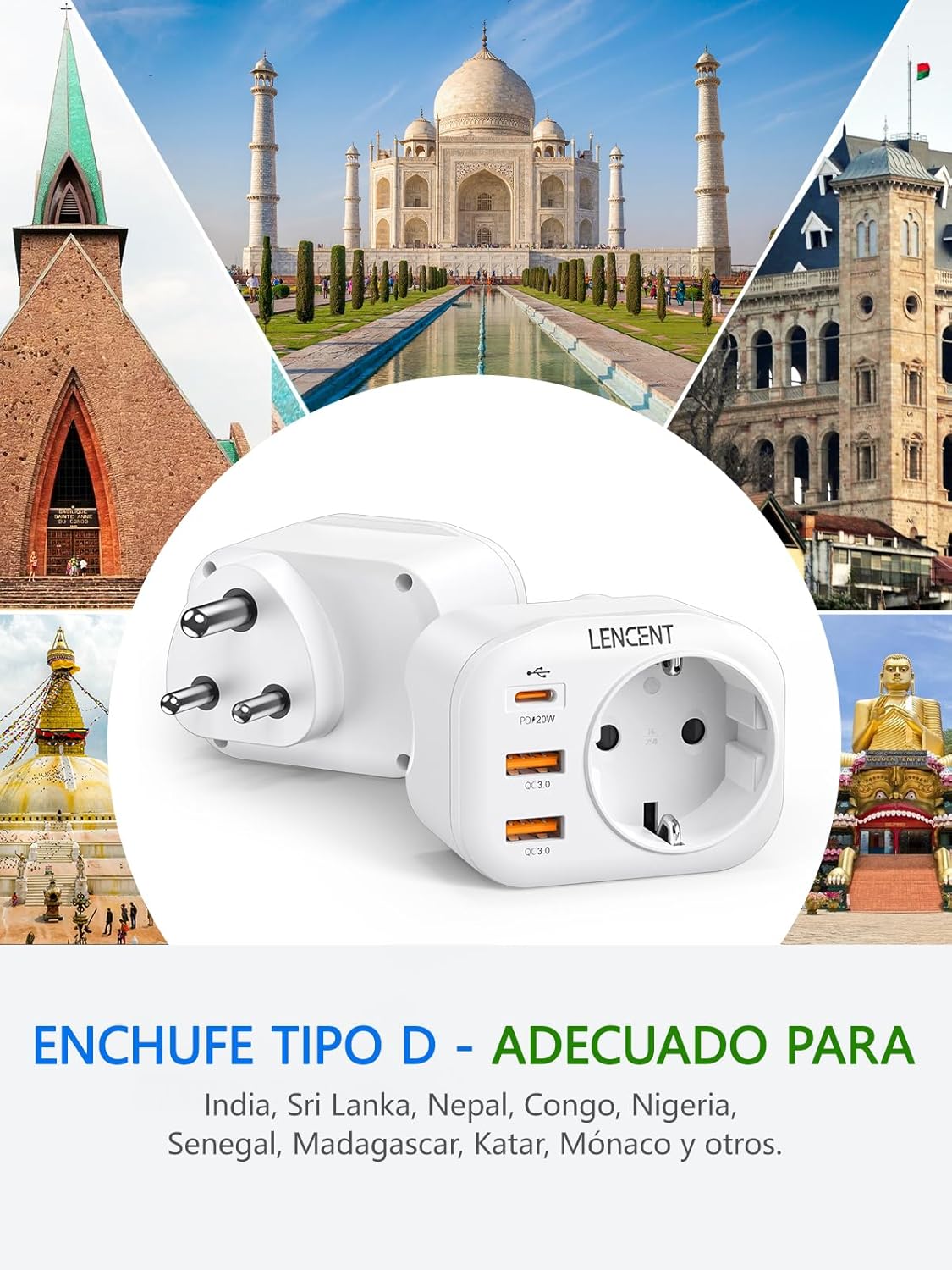 Thumbnail 1 de LENCENT Adaptador Enchufe India 3‑pin QC3.0 PD20W