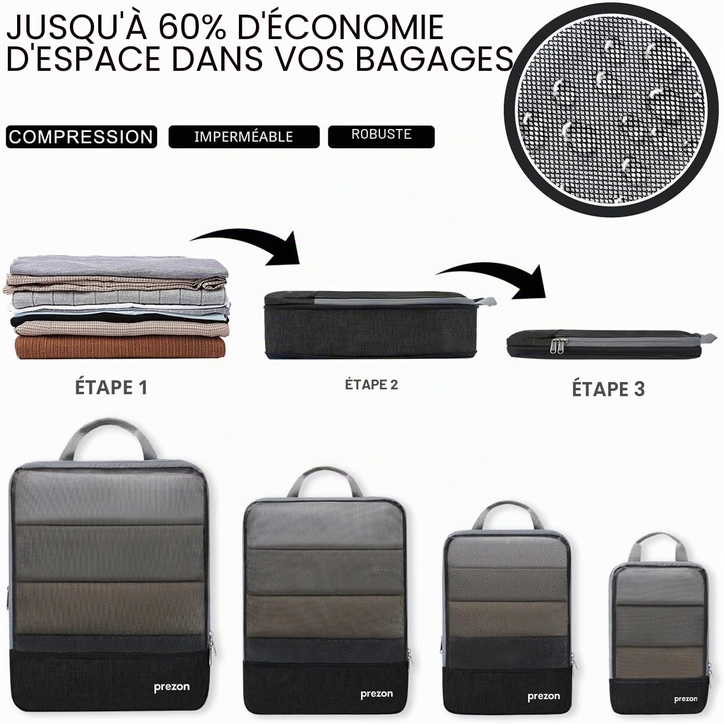 Thumbnail 1 de Prezon Lot de 6 cubes de rangement compressibles – Organisateurs extensibles pour valise, mesh TPU noir
