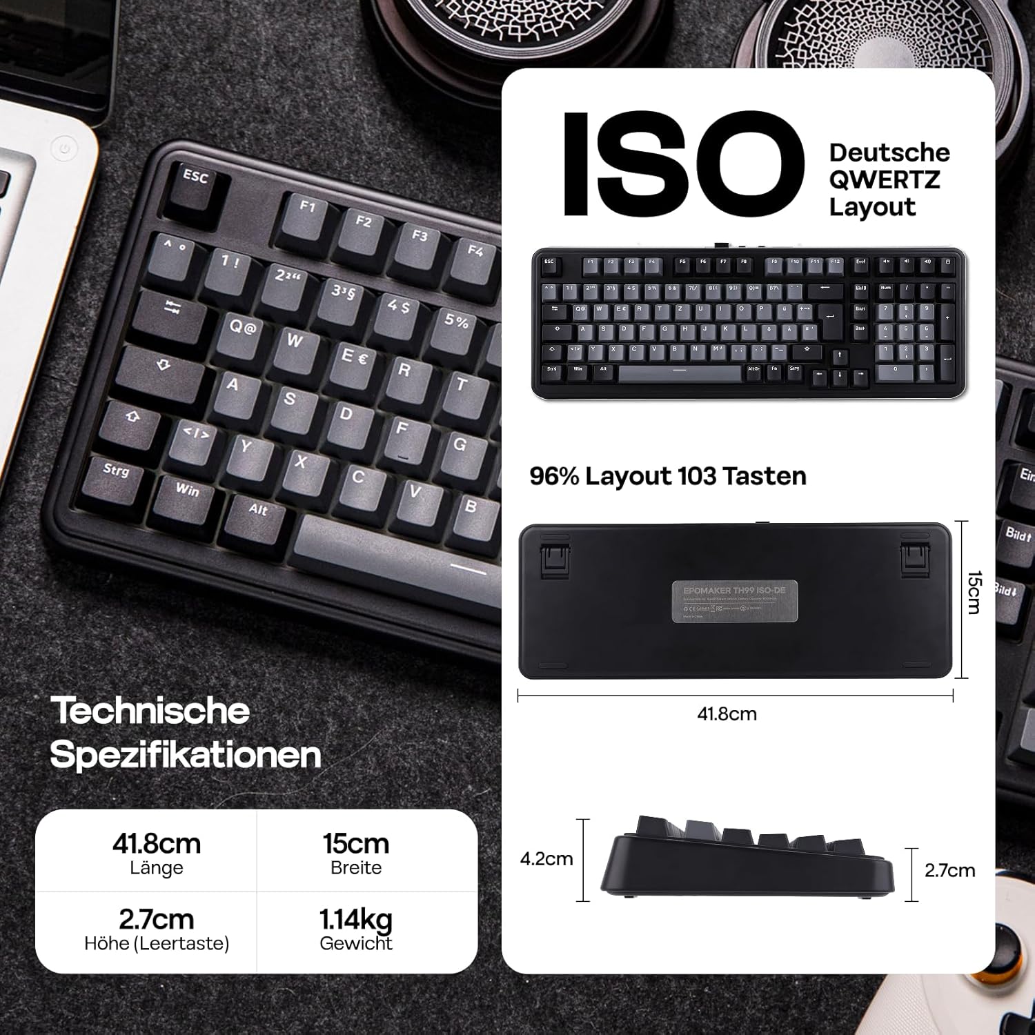 Thumbnail 2 de EPOMAKER TH99 ISO-DE QWERTZ Mechanische Tastatur – kabellos, 96% mit Numpad, Gasket, RGB & 8000mAh Akku