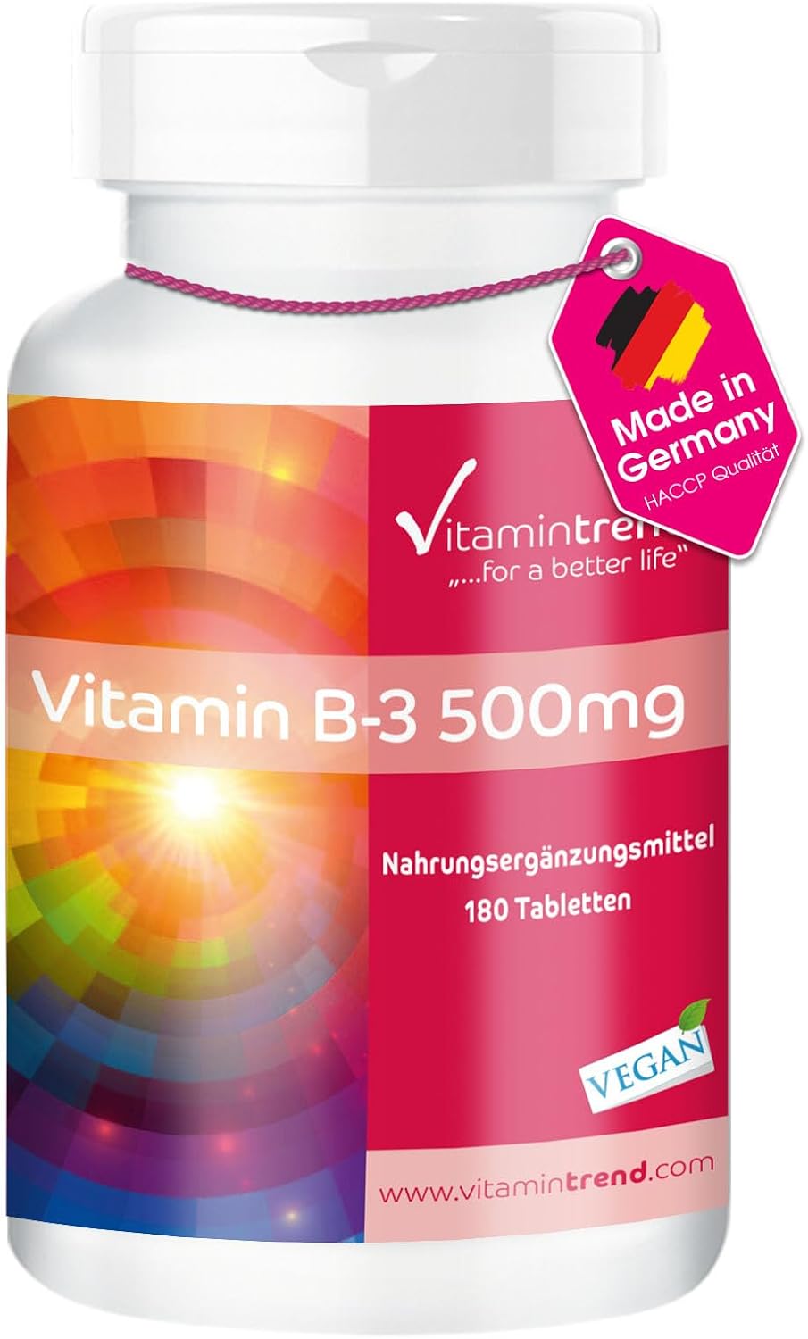 Detalle de Vitamintrend Vitamin B3 500 mg – 180 Tabletten, vegan, hochdosiert, made in Deutschland